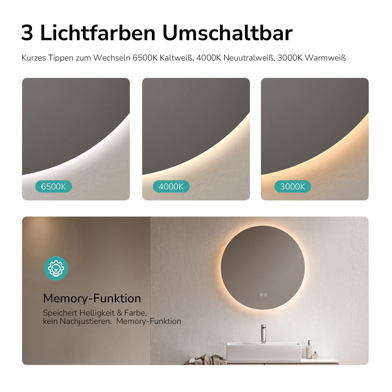 EMKE Badspiegel Runder Wandspiegel mit LED-Beleuchtung ohne Rahmen, Dimmbar Modern (50~80cm, Touchschalter), Kaltweiß/Neutralweiß/Warmweiß Licht, Dimmbar, Memory Funktion, IP44