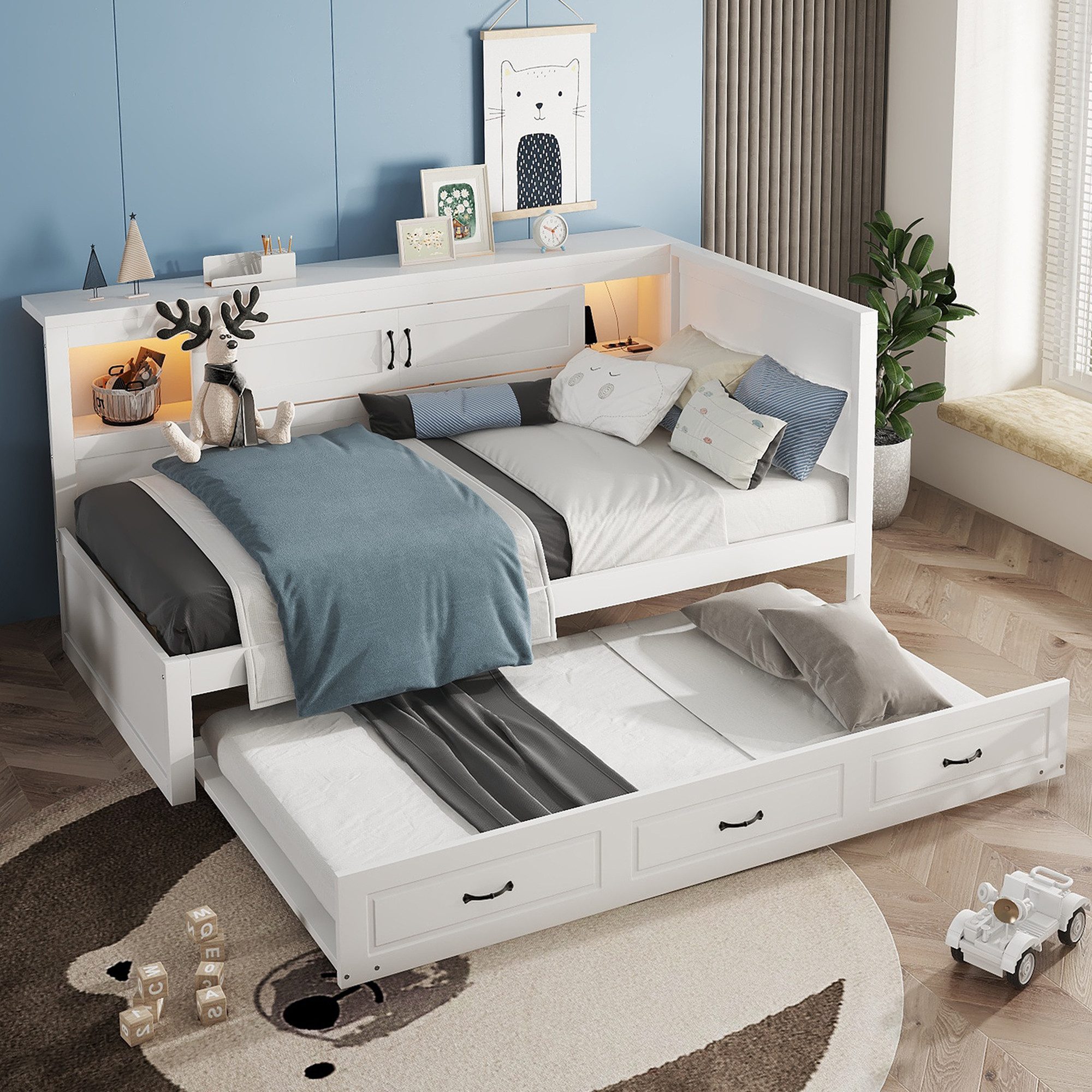 Flieks Daybett, LED Tagesbett Kinderbett 90x200cm, Ausziehbett 90x190cm, Ladenfunktion
