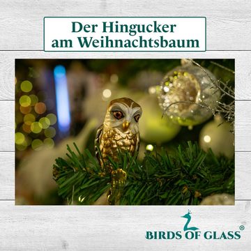 Birds of Glass Christbaumschmuck Glasvogel Waldkauz mit Naturfeder, mundgeblasen, handdekoriert, aus eigener Herstellung