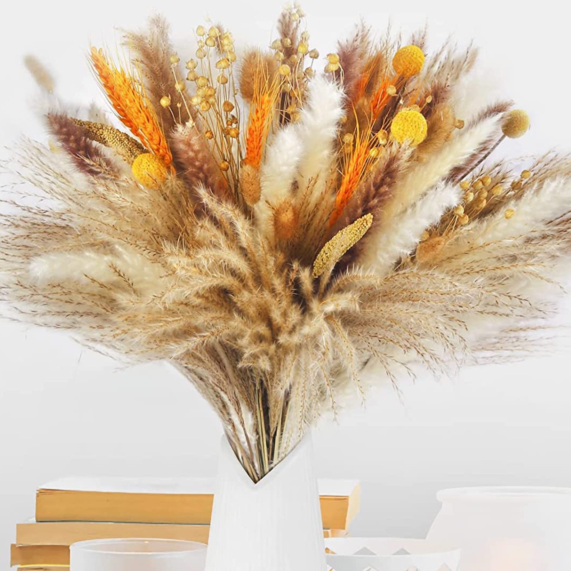 Trockenblume Pampasgras Trockenblumen Deko, 100 Stück Pampasgras Getrocknet Trockenblumen natürlicher Blumenstrauß, Fyrove, Flauschige Getrocknete Blumen für Hochzeit Boho Deko Wohnzimmer