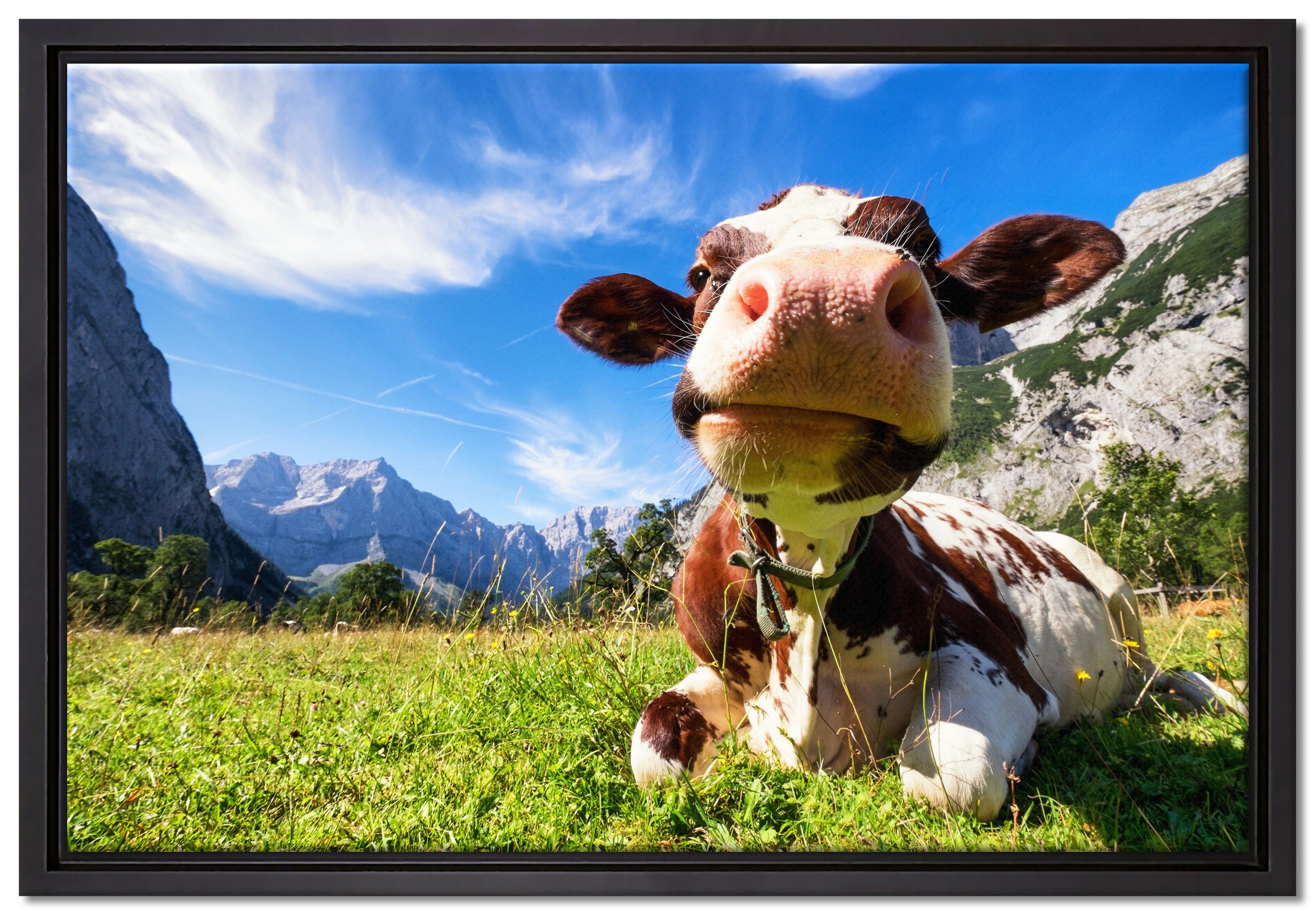 Pixxprint Leinwandbild Kuh im Karwendelgebirge, Wanddekoration (1 St), Leinwandbild fertig bespannt, in einem Schattenfugen-Bilderrahmen gefasst, inkl. Zackenaufhänger