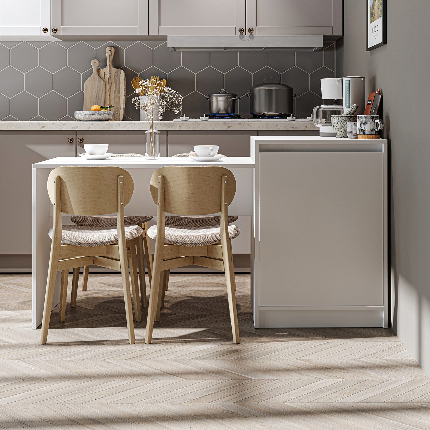 Roomart Küchentisch MILANO Kücheninsel 160 cm, Esstisch + Schrank in 4 Farben (Kücheninsel mit Esstisch, Küchentisch & Küchenschrank), Esstisch + Schrank kombiniert, fest stehend in 4 Farben