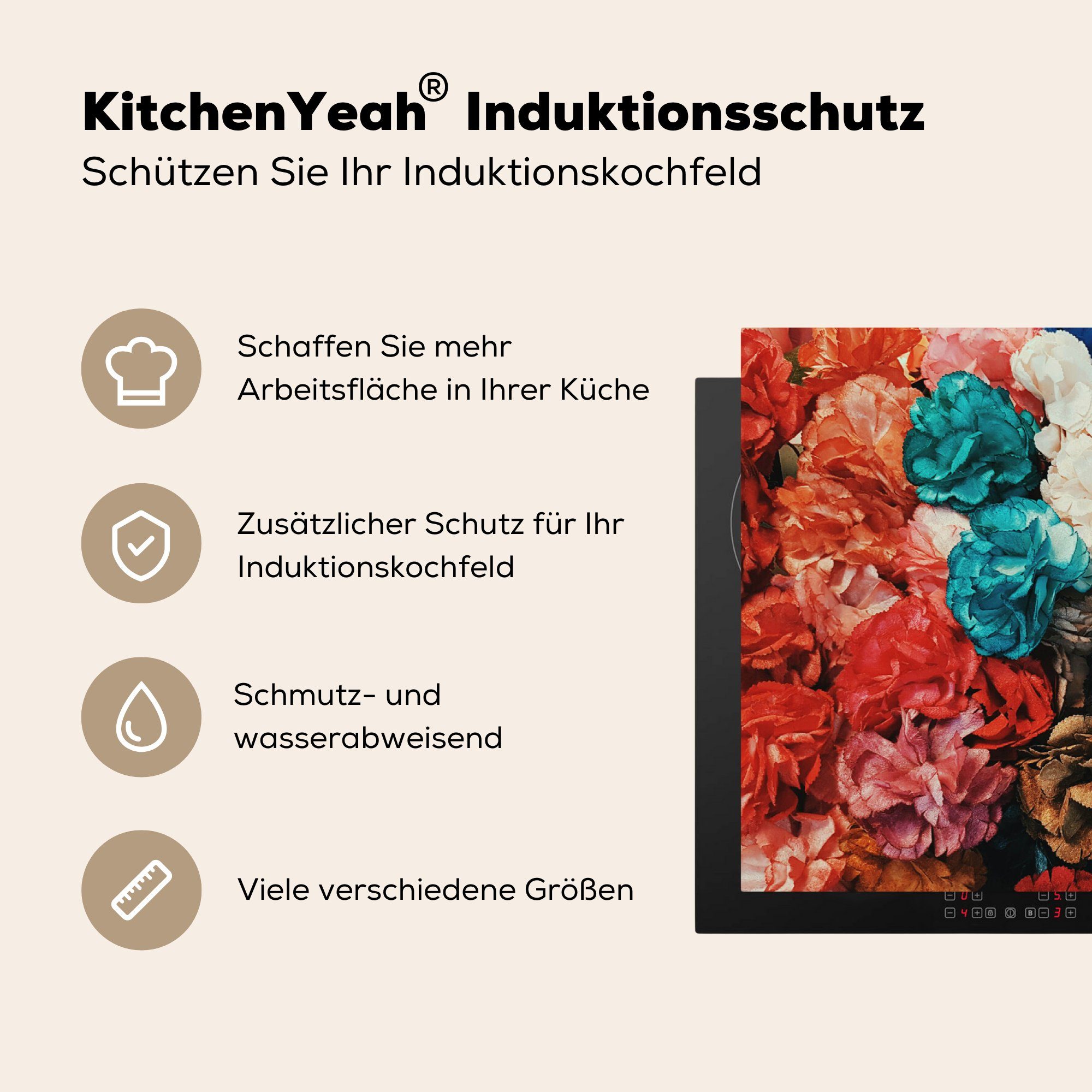 Farben, (1 Vinyl, Ein 83x51 florales tlg), verschiedenen Ceranfeldabdeckung, Muster küche für mit MuchoWow cm, Arbeitsplatte Herdblende-/Abdeckplatte