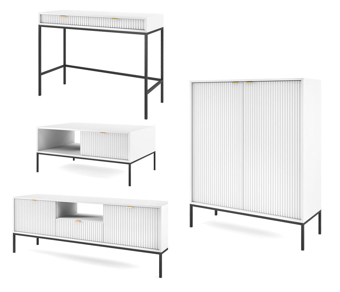 Feldmann-Wohnen Wohnwand Nova, (1 Lowboard, 1 Couchtisch, 1 Schreibtisch, 1 Highboard, 4-St., Riffel-Optik Front, goldfarbene Metallgriffe, ABS-Kanten), 4-teilig MDF Weiß