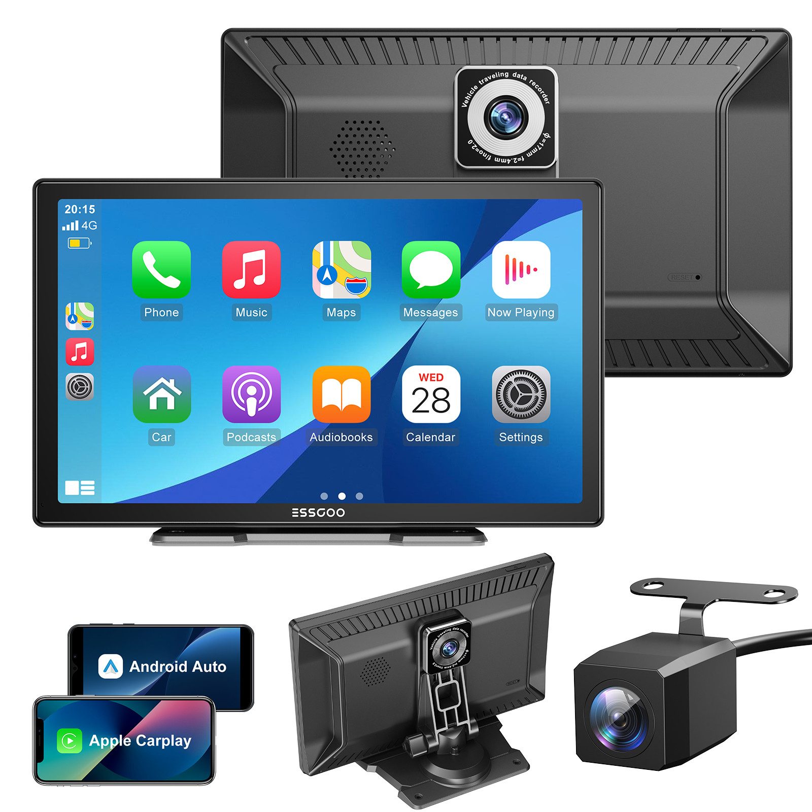 4K HD 9 Zoll Dashcam DVR Kabelloses Apple Carplay & Android Auto Navigationsgerät