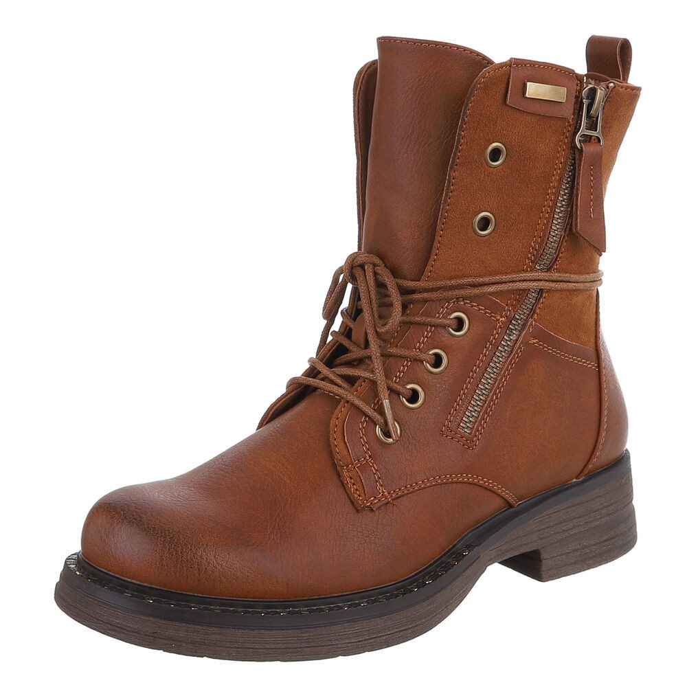Ital-Design Damen Boots mit Schnürung und Reißverschluss für Alltag Stiefelette (90542931) Blockabsatz Schnürstiefeletten in Camel