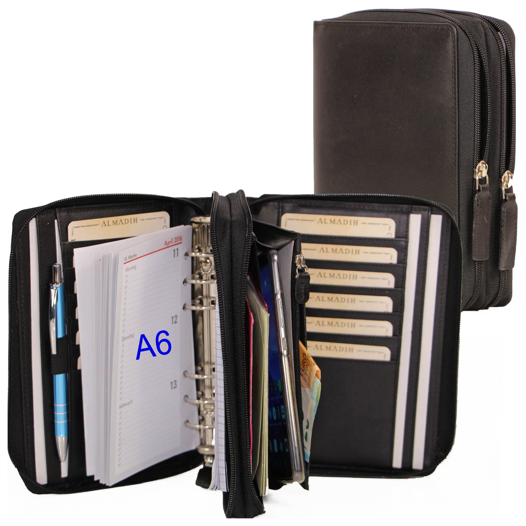 ALMADIH Konferenzmappe Ledermappe A6 Kombimappe Leder Organizer 2026 braun, schwarz