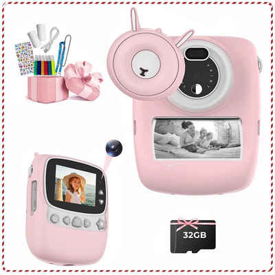 Fine Life Pro Kreative Kinderkamera Sofortbildkamera (30 MP, inkl. 6 farbigen Pinselstiften + 2 Rollen Druckpapier + Aufkleber, Videoaufnahmen mit Ton in Full HD)