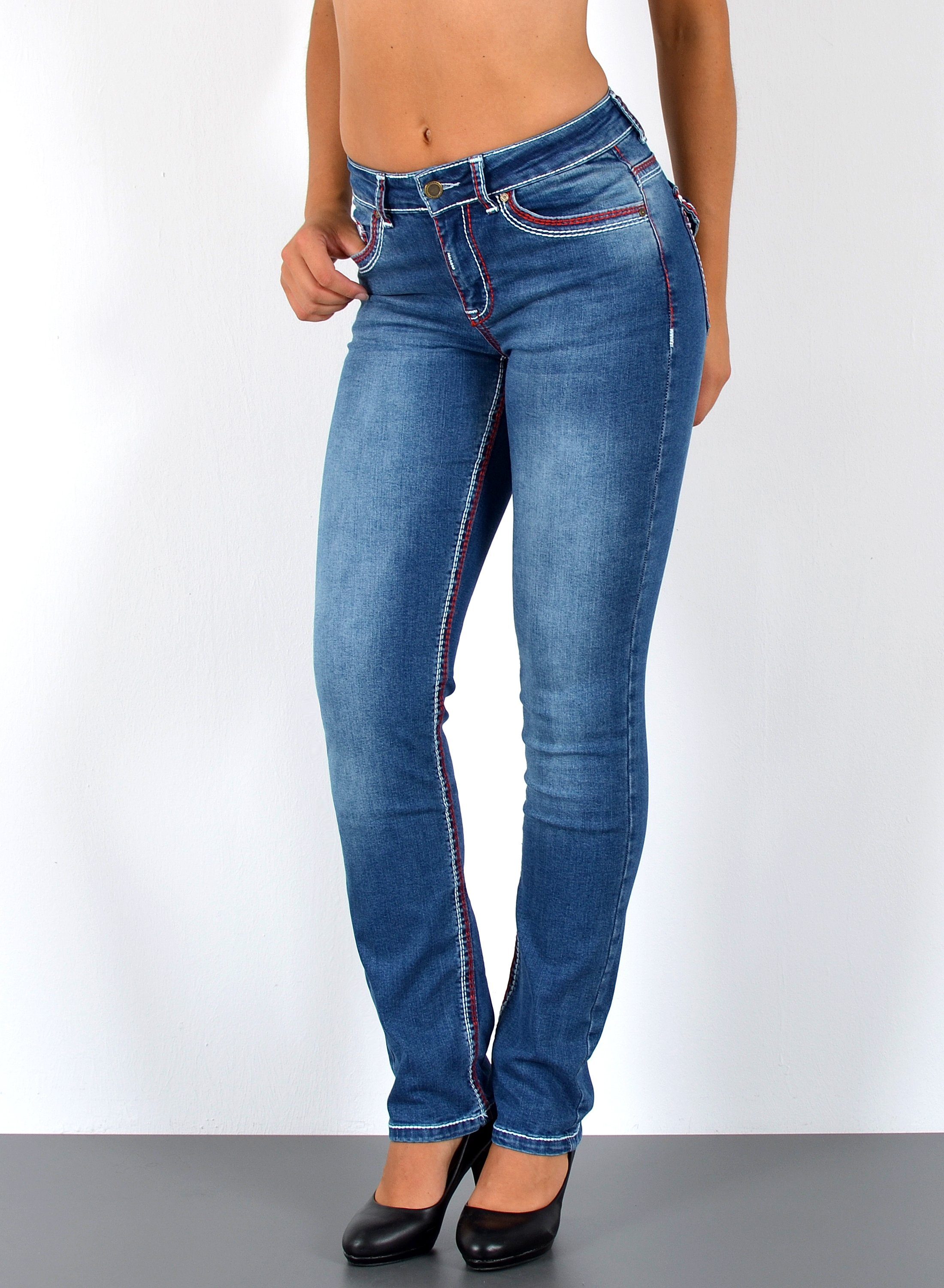 ESRA Straight-Jeans Damen Jeanshose weiße Naht hohe Leibhöhe Stretch Jeans Straight G12 High Waist Jeans Damen Straight Hose mit dicker Naht bis Übergröße