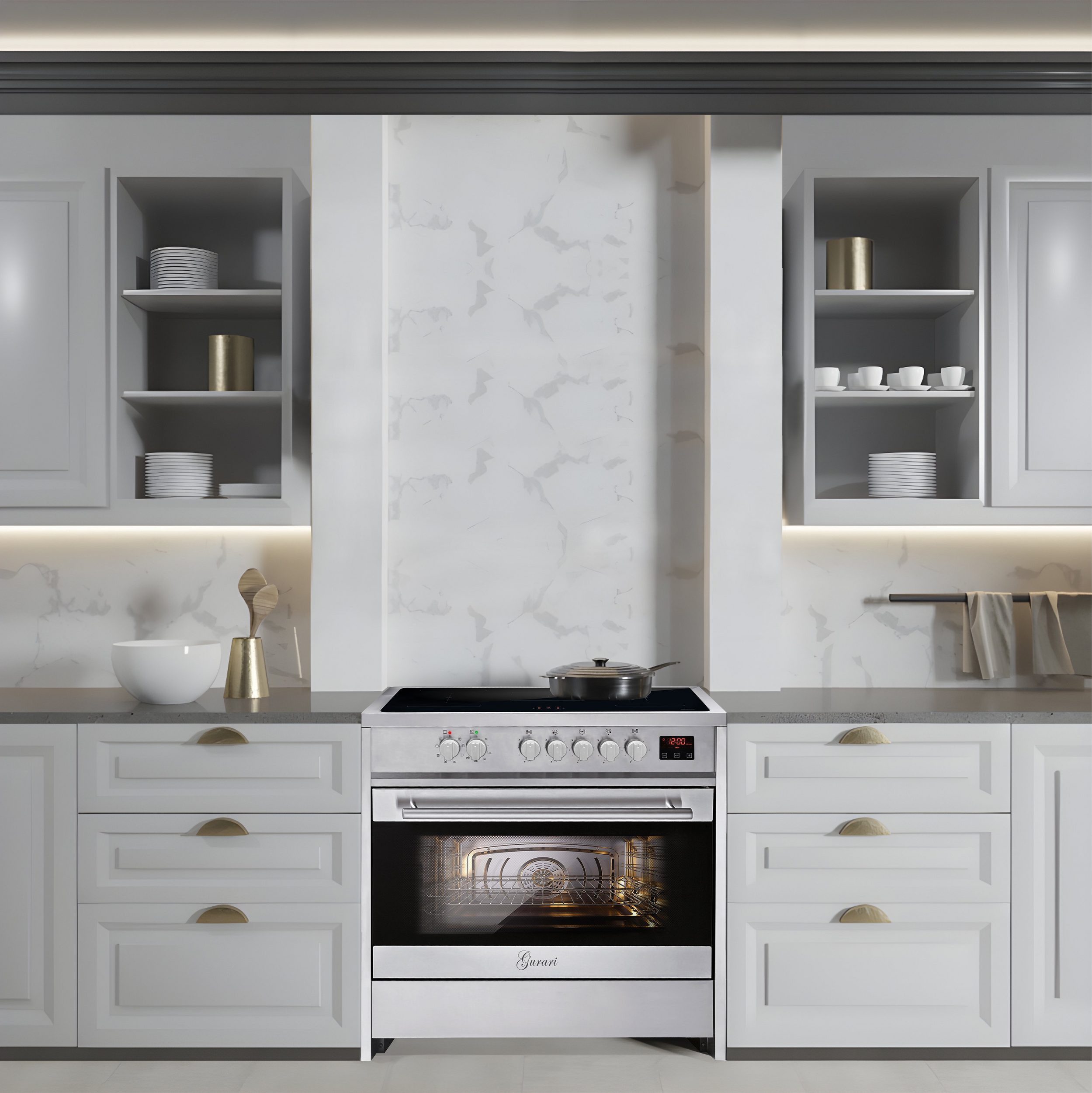 GURARI Induktions-Standherd 90 cm Edelstahl Induktionsherd Range Coocker, XXL Multi 8 Backofen 121 L GCH E 913 X., mit 1-fach-Teleskopauszug, Easy-Clean Emaille, FlexInduktion 5 Kochzonen mit Booster, Slider Touch Control