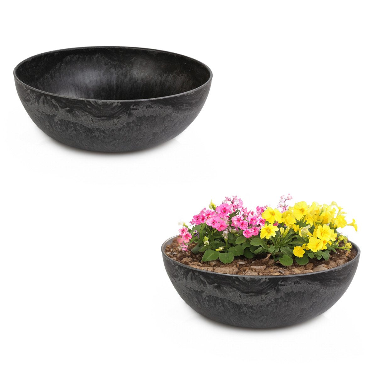 matches21 HOME & HOBBY Blumentopf Pflanzschalen für draussen Vintage Dekoschalen rund schwarz 2x 37 cm (2 St), Blumen-Schale als wetterfeste Friedhof-Schale Grab-Schmuck Grabschale