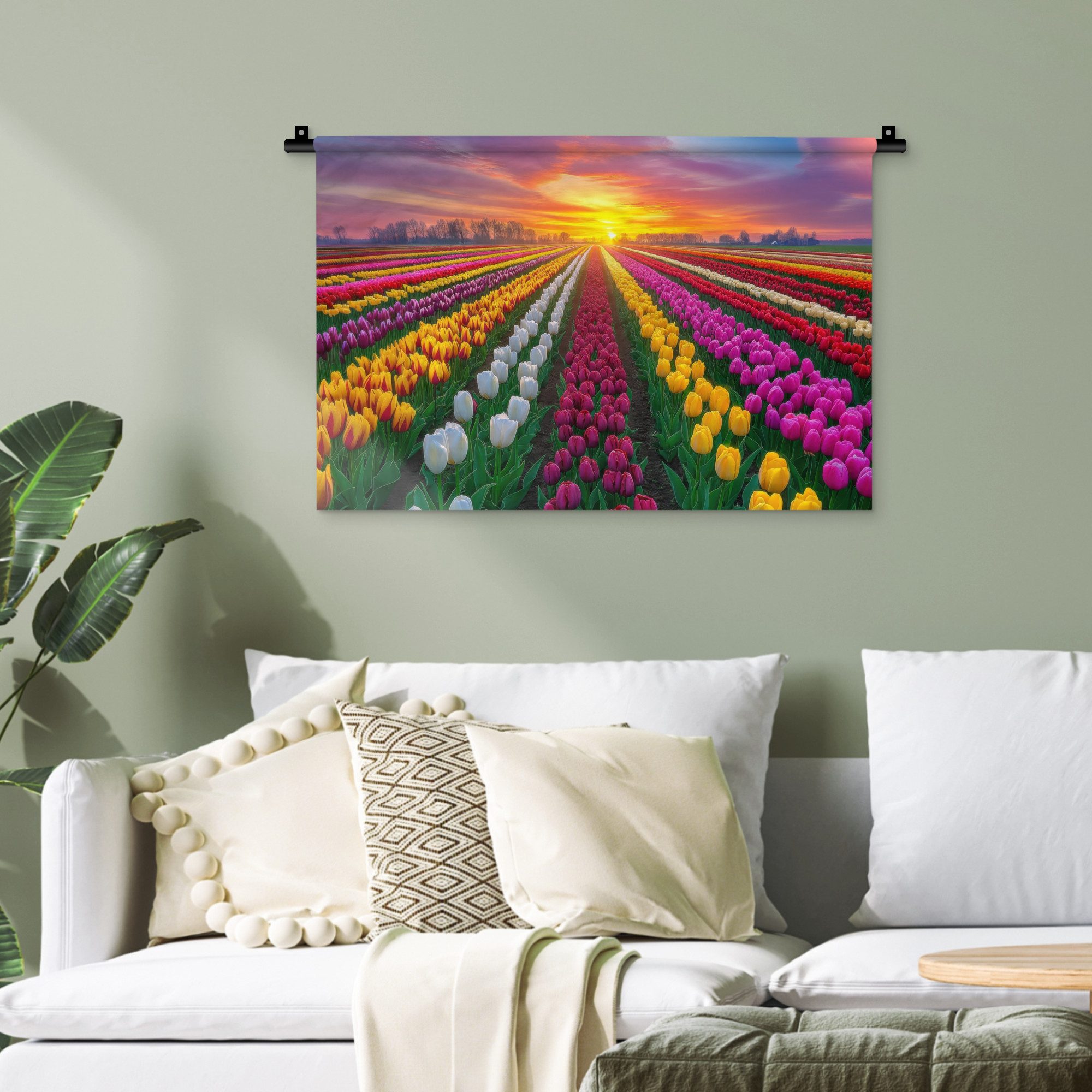 MuchoWow Wandteppich Tulpenfeld - Sonnenuntergang - Farbenfroh, Rechteckig, Höhe: 3 mm, Wandteppich für Wohnzimmer, Schlafzimmer, 60x40 cm