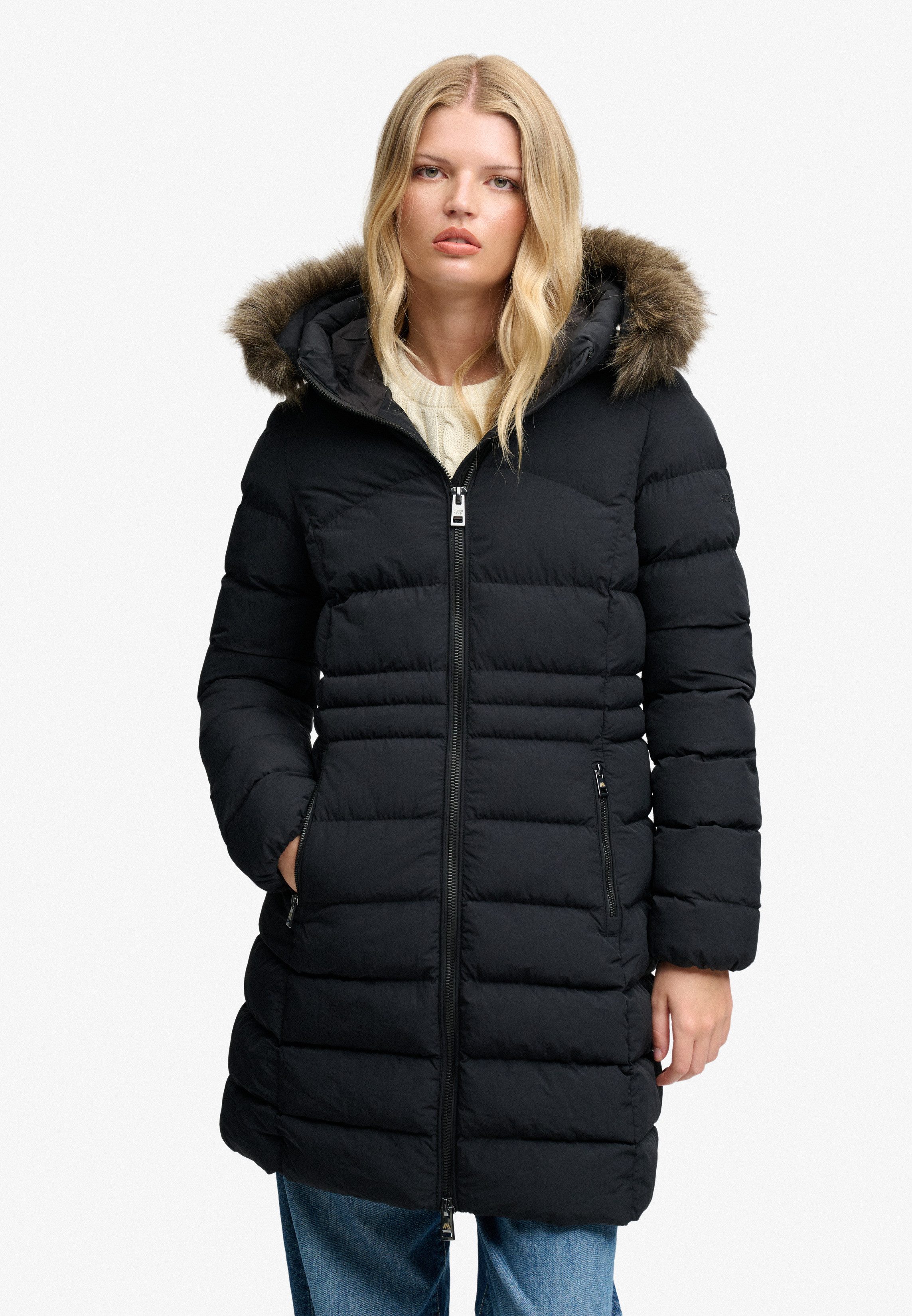 Superdry Steppjacke HOOD FAUX FUR FUJI MID LENGTH Kunstfaser, slim fit