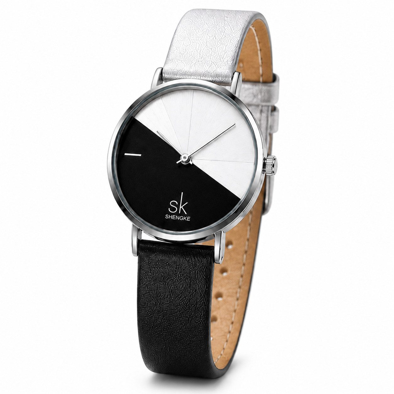 Fyrove Quarzuhr Damen Armbanduhr Analog, 36 mm, Echtleder, Schwarz-Silber, 3 ATM Spritzwasserschutz, leicht, schlank, geometrisches Zifferblatt