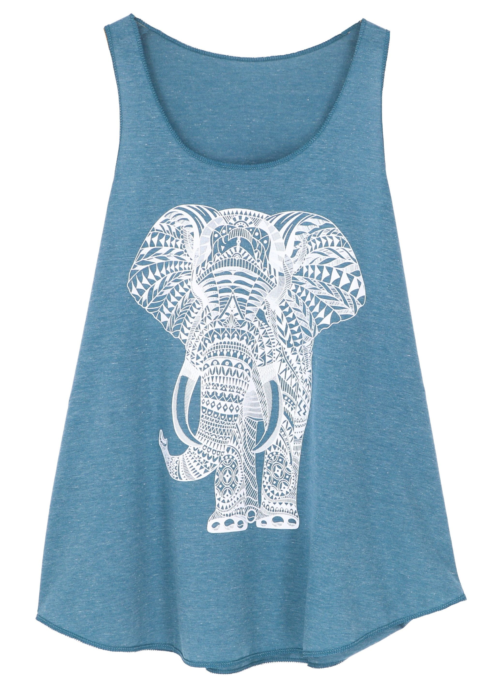 Guru-Shop T-Shirt Tanktop mit Elefant Retrodruck, Yogatop - petrol Festival, Ethno Style, Hippie, alternative Bekleidung