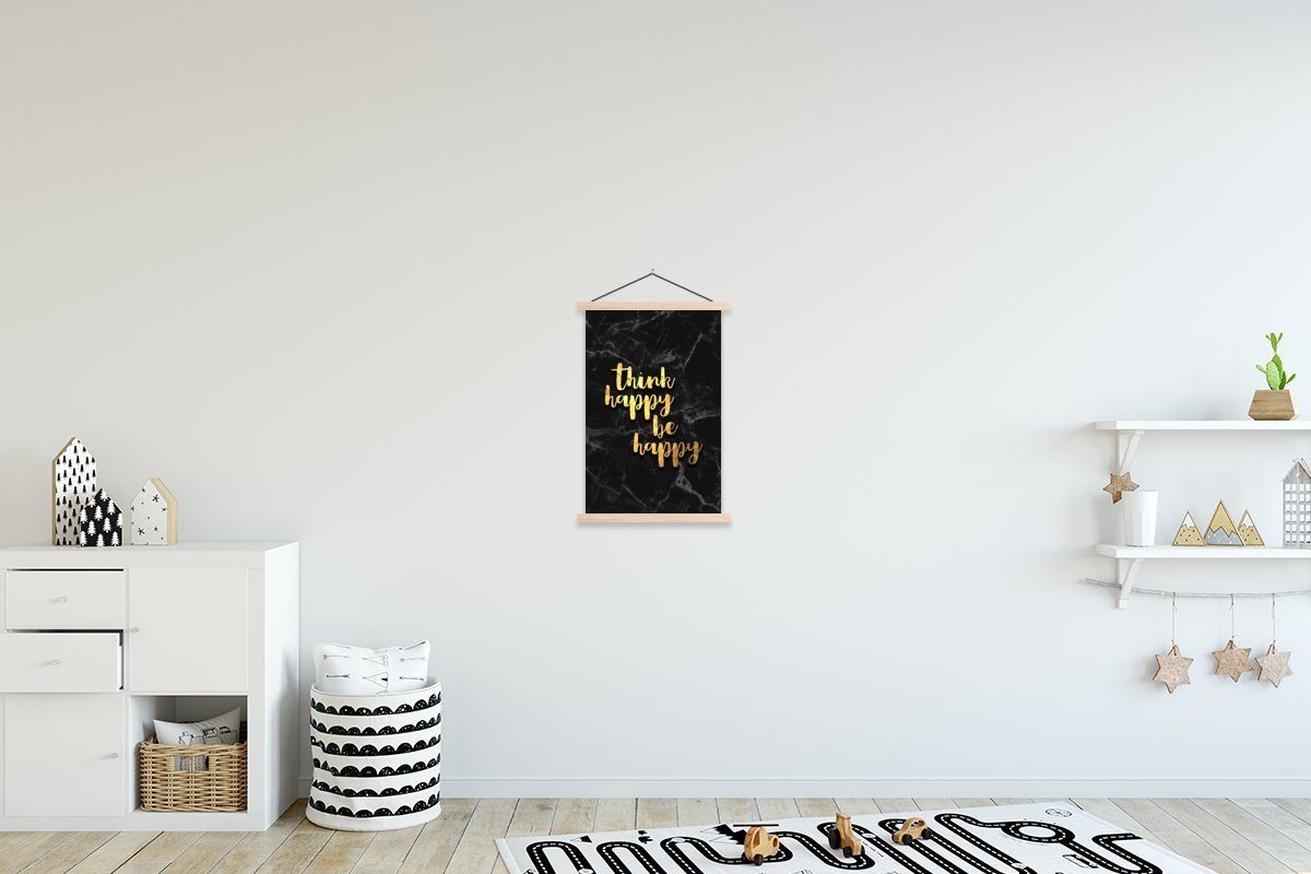 MuchoWow Poster Zitat - Glücklich - Gold - Marmor, (1 St), Posterleiste, Textilposter für Wohnzimmer, Bilderleiste, Magnetisch