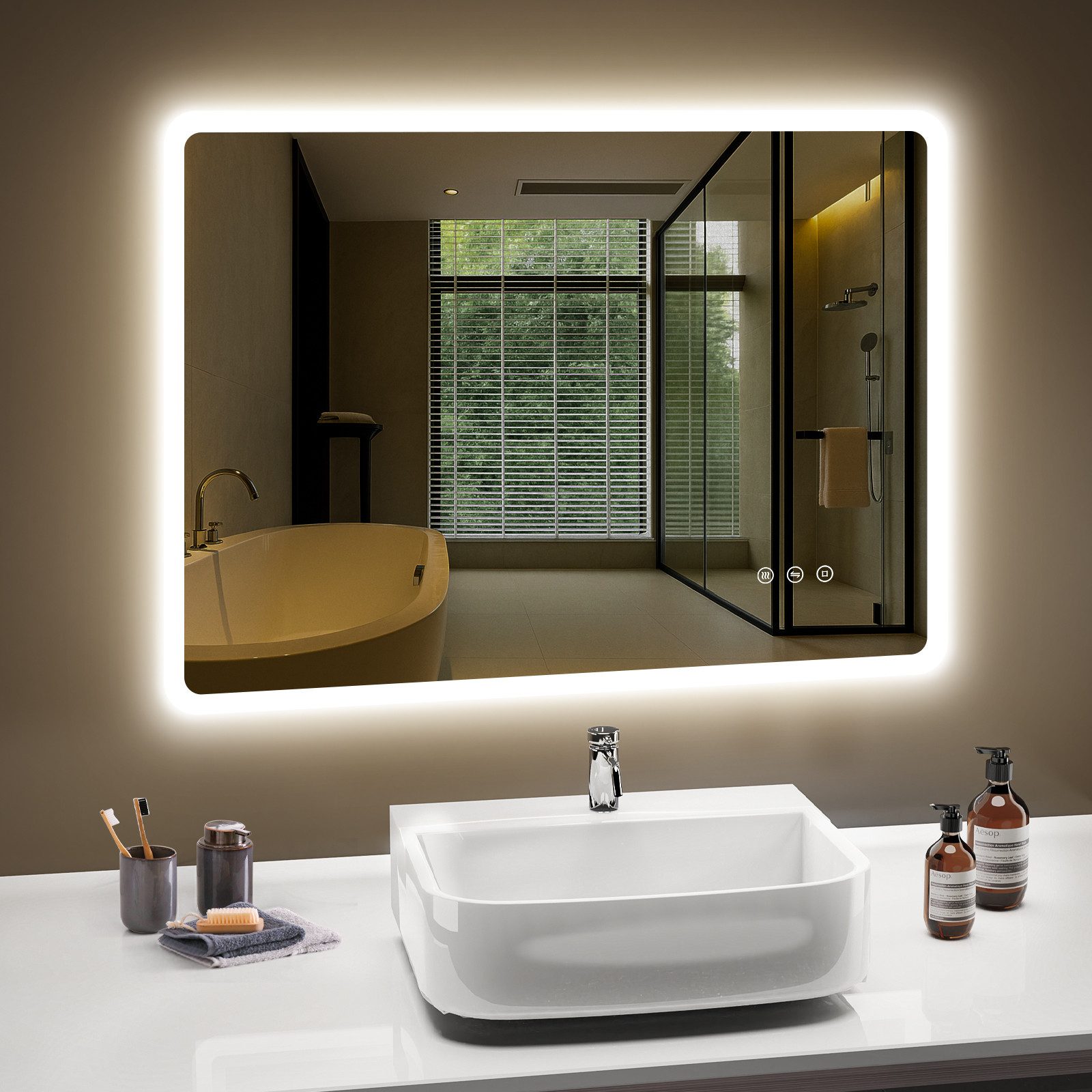 PESENXAN Badspiegel mit Beleuchtung 80 x 60 cm, LED Badezimmerspiegel, Dimmbar (1-St), Antibeschlag, 3 Lichtfarben, IP44, Speicherfunktion