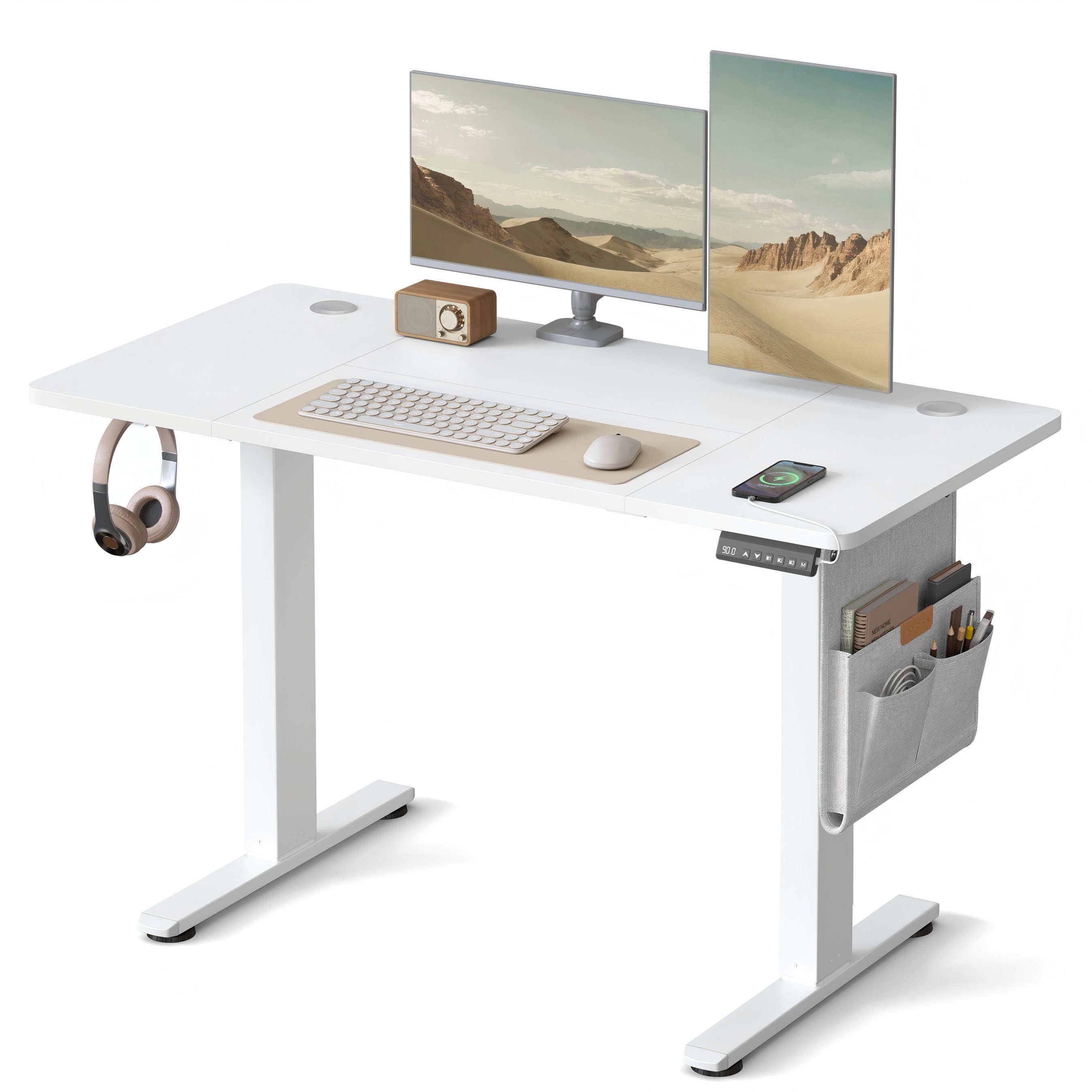 SONGMICS Schreibtisch Höhenverstellbarer elektrisch, 100/120/140/160/180 cm, USB-C-Anschluss, Memory-Funktion für 4 Höhen, mit Stoff-Organizer