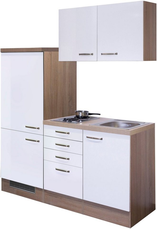Flex-Well Küche Florenz, Gesamtbreite 160 cm, mit Einbau-Kühlschrank,  Kochfeld und Spüle
