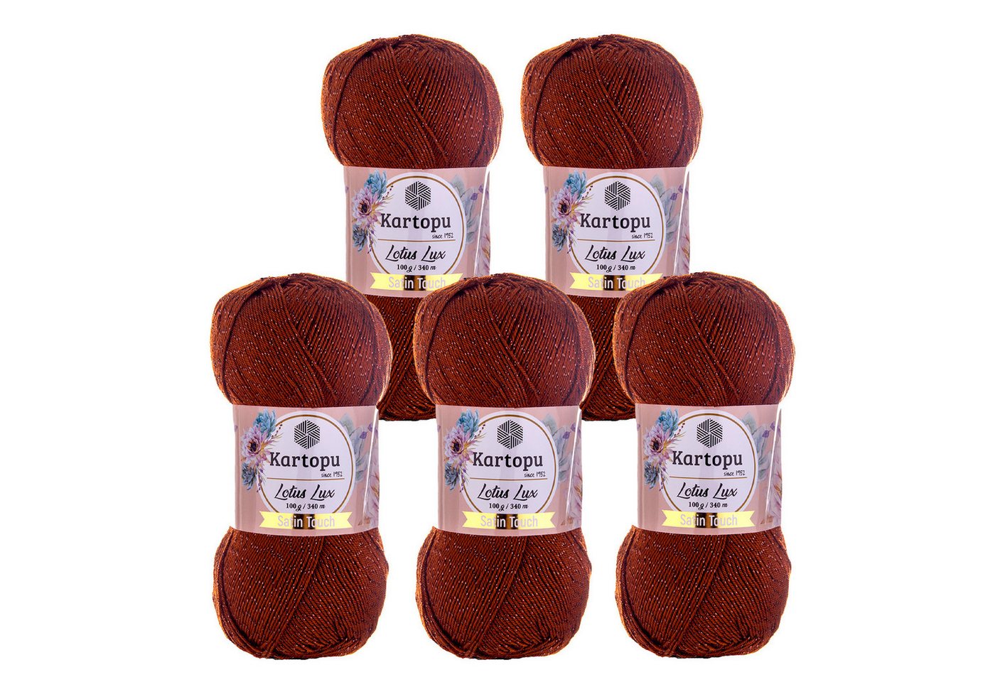 Kartopu 5 x 100g Glitzerwolle Kartopu Lotus Lux Unifarben Häkelwolle, 340 m, K834 rehbraun