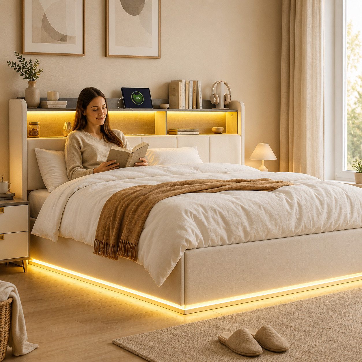 Simurq Polsterbett Stauraumbett 140x200 cm mit Bettkasten,LED,USB,Lattenrost,Samt (Jugendbett Bettgestell,großem Bettkasten, ohne Matratze, Doppelbett mit LED-B – Bild 2 von 5