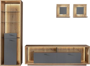 MCA furniture Wohnwand Lizzano, (Set, 4-St), im modernen Landhausstil mit 3-D Rückwand, wahlweise mit Beleuchtung