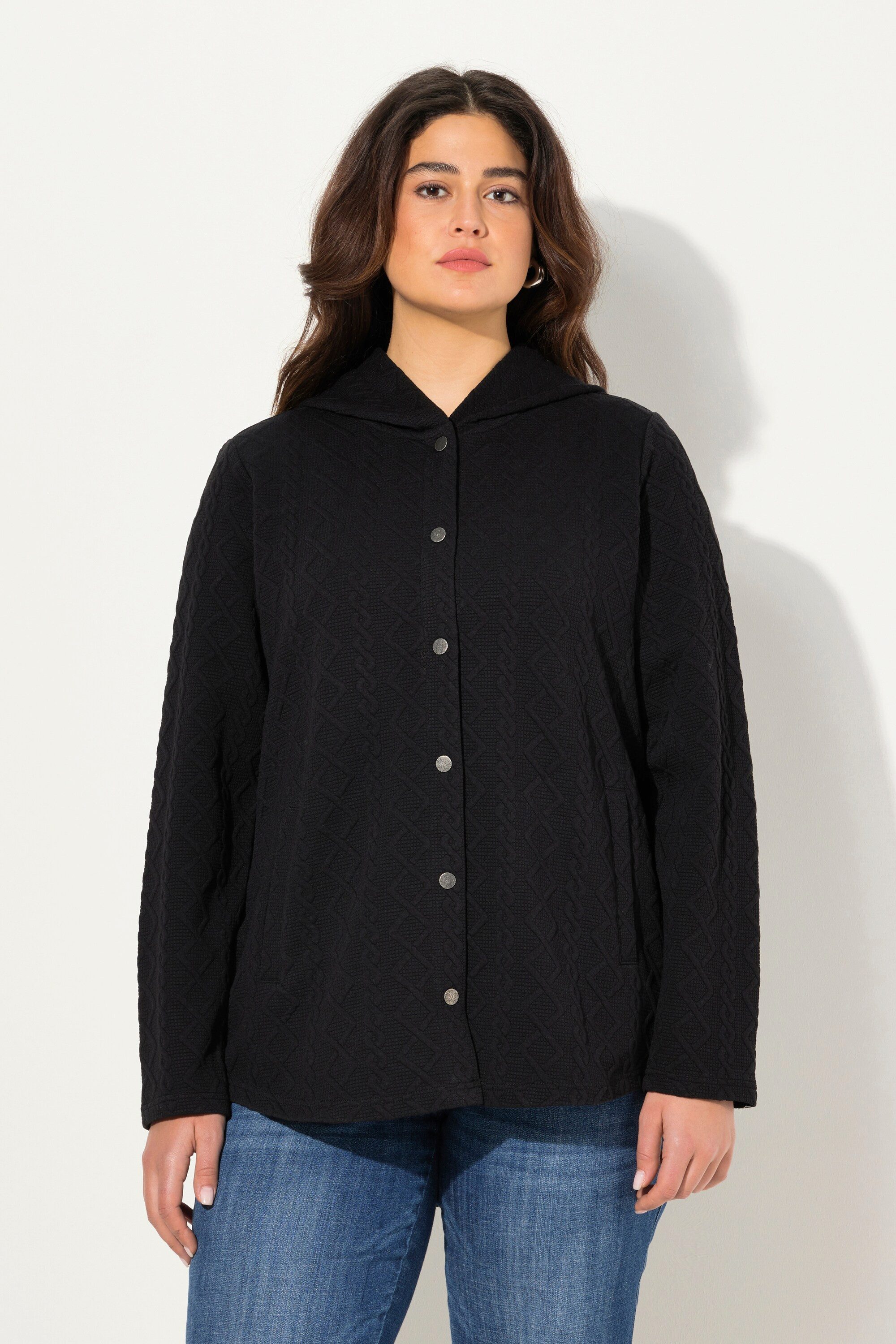 Ulla Popken Sweatjacke Hoodie-Jacke Zopfmuster Druckknöpfe günstig online kaufen