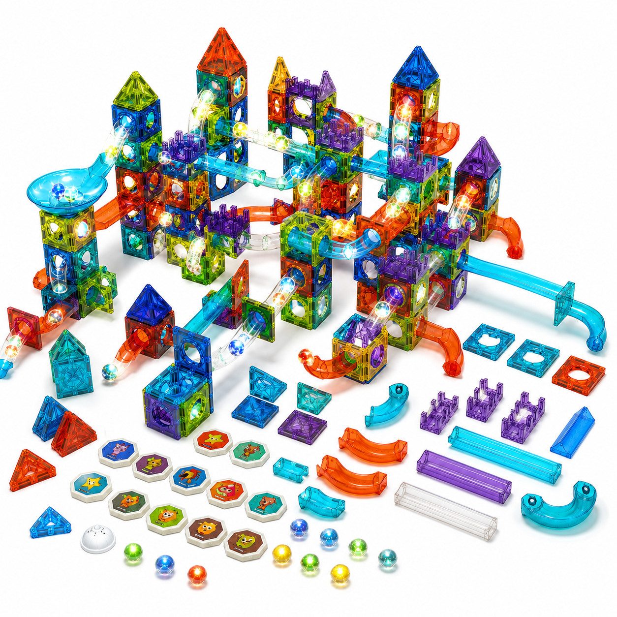 Luckice Magnetische Bausteine, Lern- & Steckspiel, Kreativspielzeug für Kinder Magnetspielbausteine, (Spar-Set, 1 St., 126-teiliges Magnetbausteine-Set mit LED-Kugelbahn, wiederverwendbar), STEM Montessori Magnetbausteine mit LED-Beleuchtung & Kugelbahn