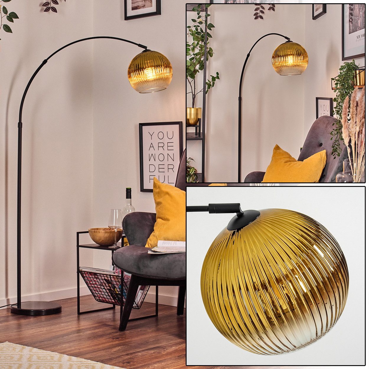 Stehlampe Stehlampe aus Metall/Riffelglas in Schwarz/Gold/Klar mit Marmorfuß