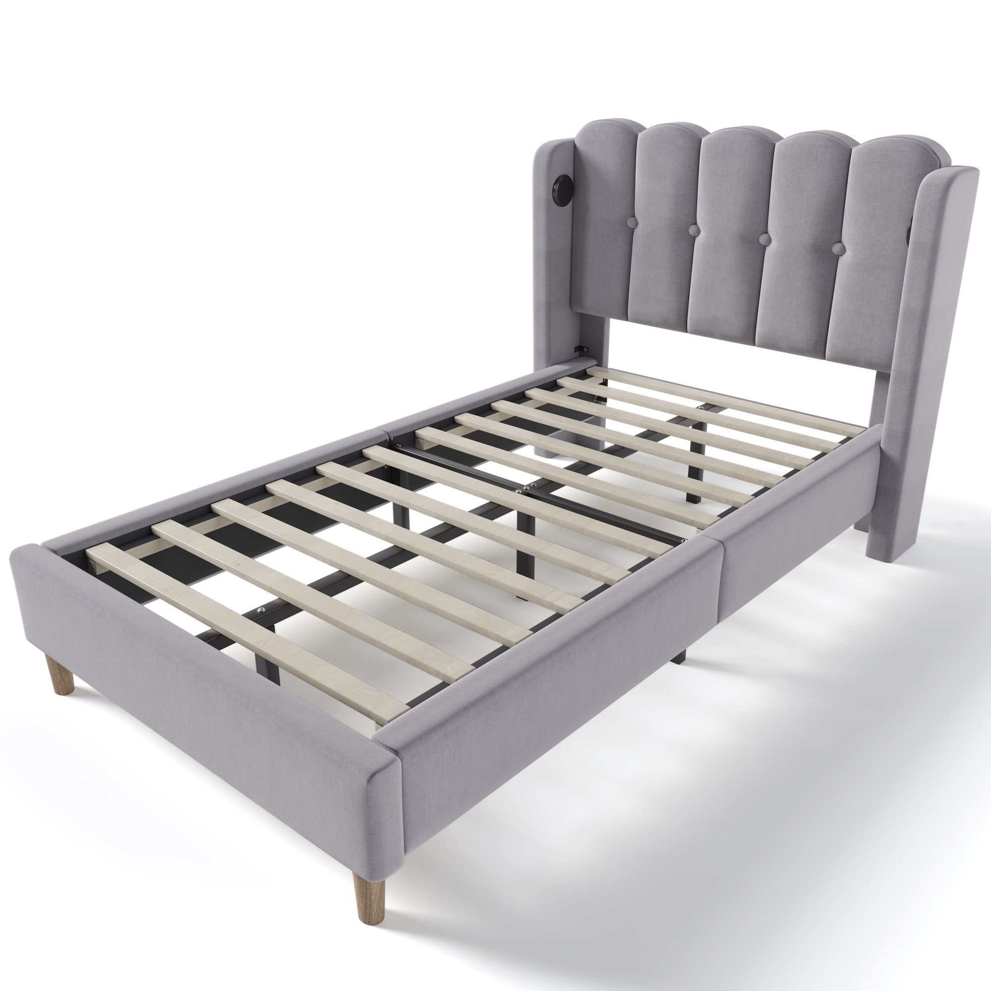 Polsterbett, Einzelbett mit USB Typ C Ladefunktion, 90x200 cm, Leinen