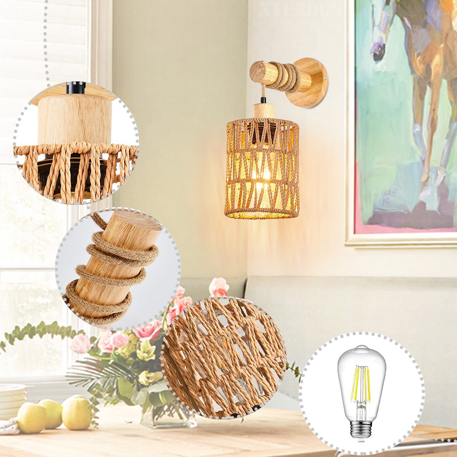 Jibenhome LED Nachtlicht Boho Rattan Wandleuchte günstig online kaufen