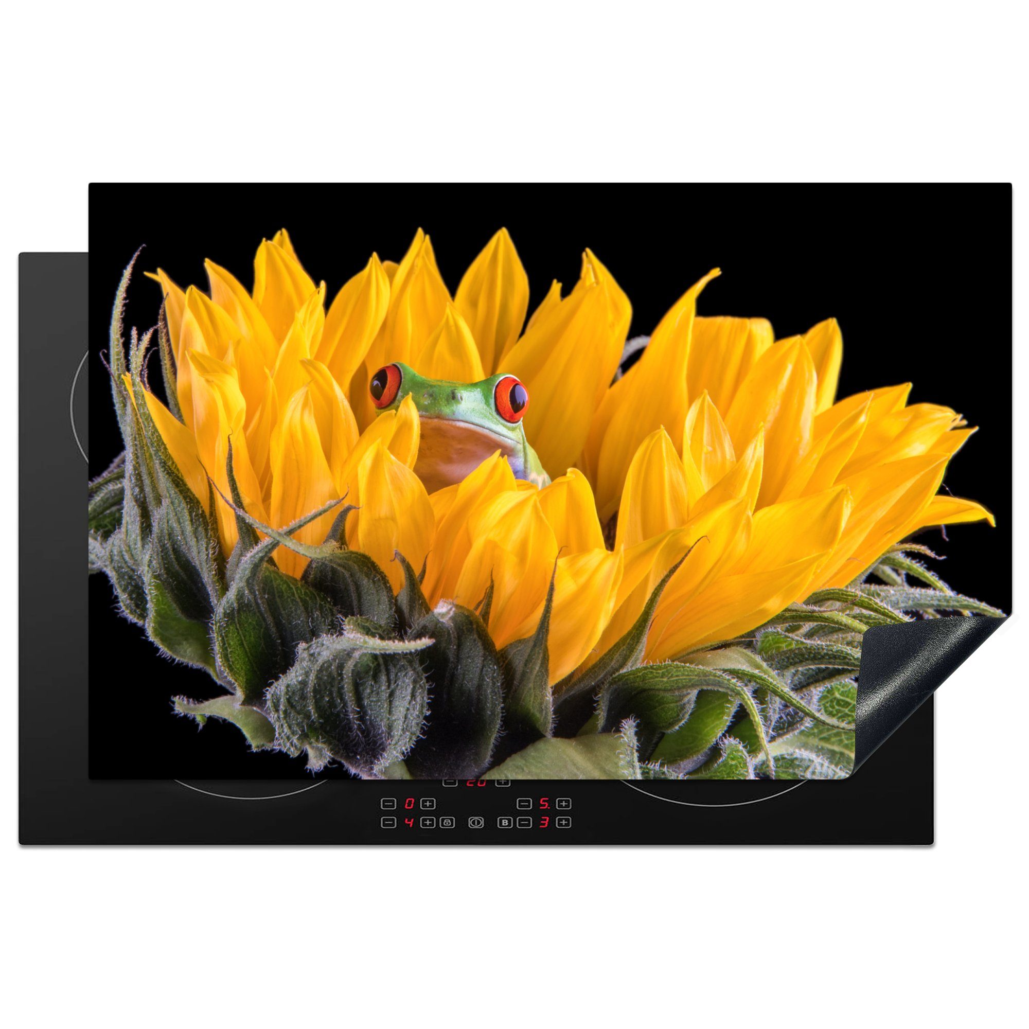 MuchoWow Herdblende-/Abdeckplatte Frosch - Sonnenblume - Reptil, Vinyl, (1 tlg), 81x52 cm, Induktionskochfeld Schutz für die küche, Ceranfeldabdeckung