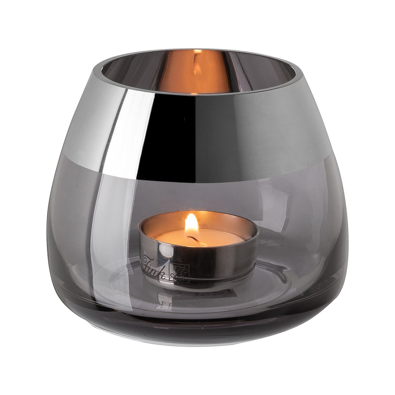 Fink Teelichthalter BELLA Teelichthalter - H.8,5cm x D.11cm - Glas - grau/silberfarben (1xTeelichthalter, 1 St., Leuchte - Geschenk für Frauen), Edles Glas-Windlicht: Kerzenhalter für Stumpenkerzen & Kerzenleuchter