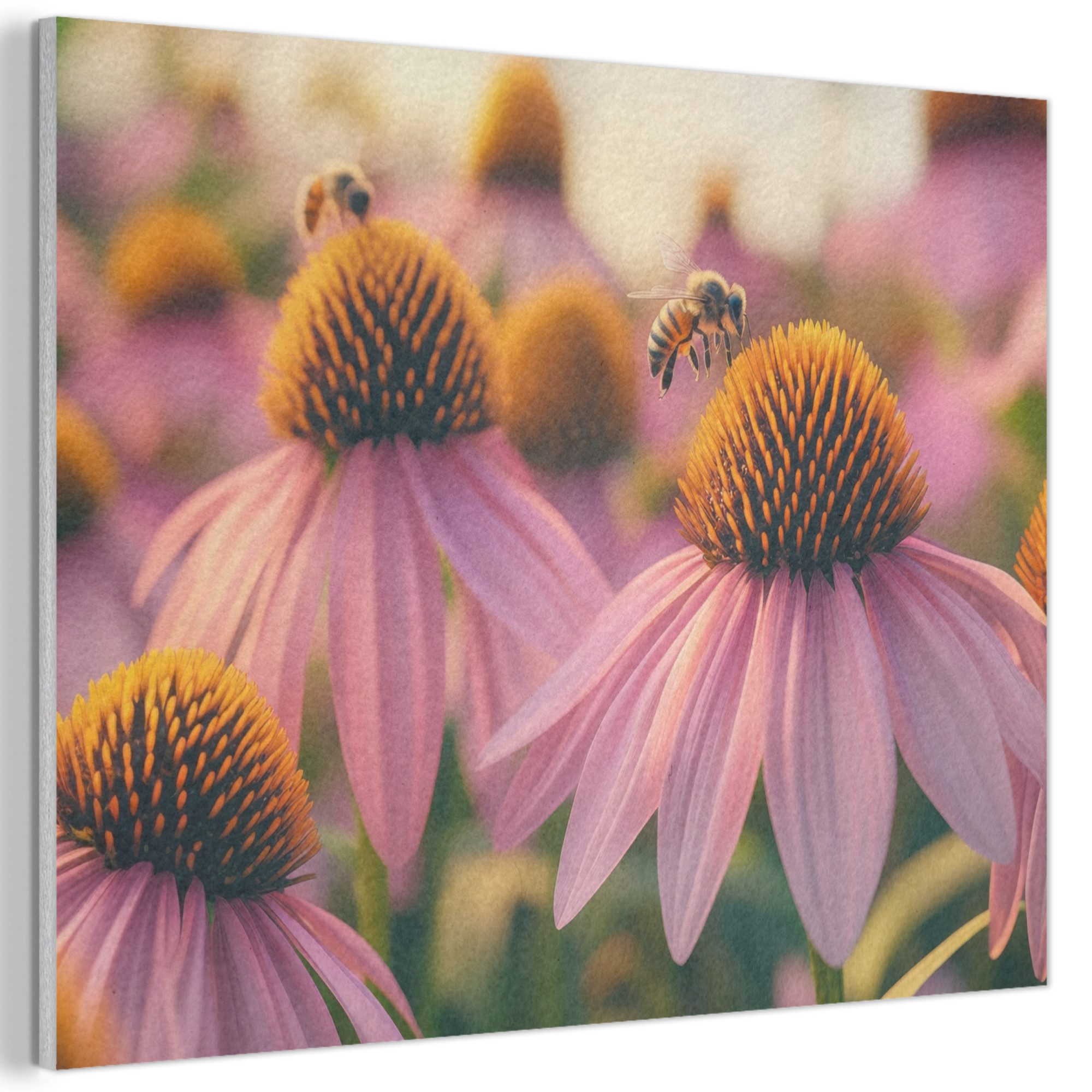 MuchoWow Gemälde Blumen - Lila - Bienen, Fotodruck (1 St), Akustikpaneele PET-Filz, Akustikbild, Schalldämmung, Deko 40x30 cm