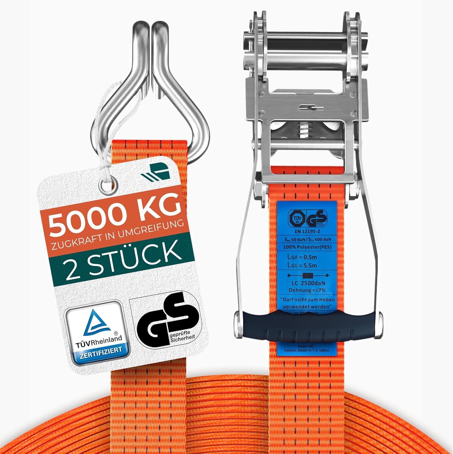CargoVA® Spanngurt Schwerlast Ratschengurte 5000 kg TÜV/GS geprüft für Ladungssicherung (Spanngurt-Set, 2-St) DIN EN 12195-2 zertifiziert, für professionelle Anwendungen