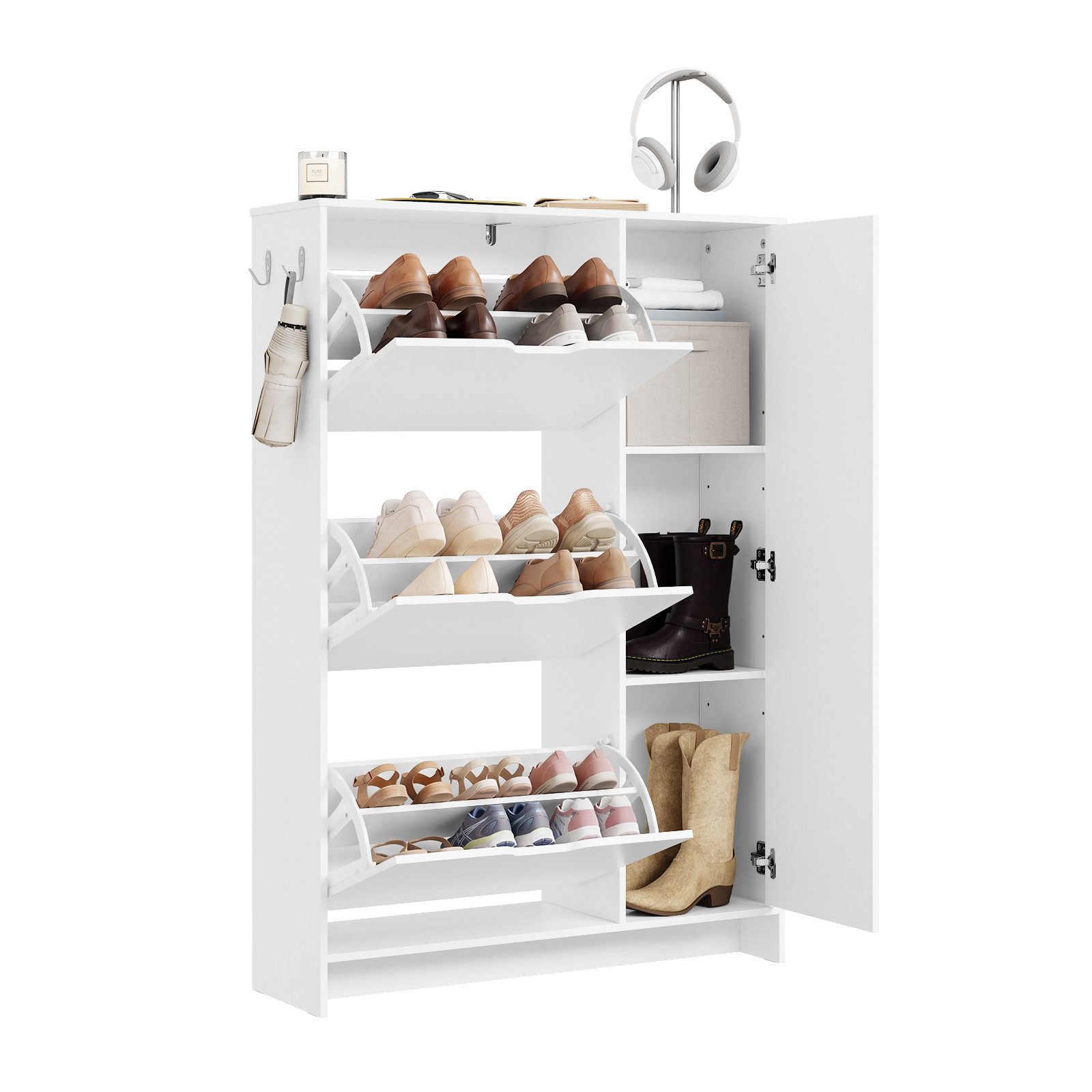 SoBuy Schuhschrank FSR220, Schuhkipper Schmal 24cm, Klappschrank 12 Paar Schuhe Schuhschrank schmal mit 2 Haken, 3 Klappen und 1 Tür für Flur