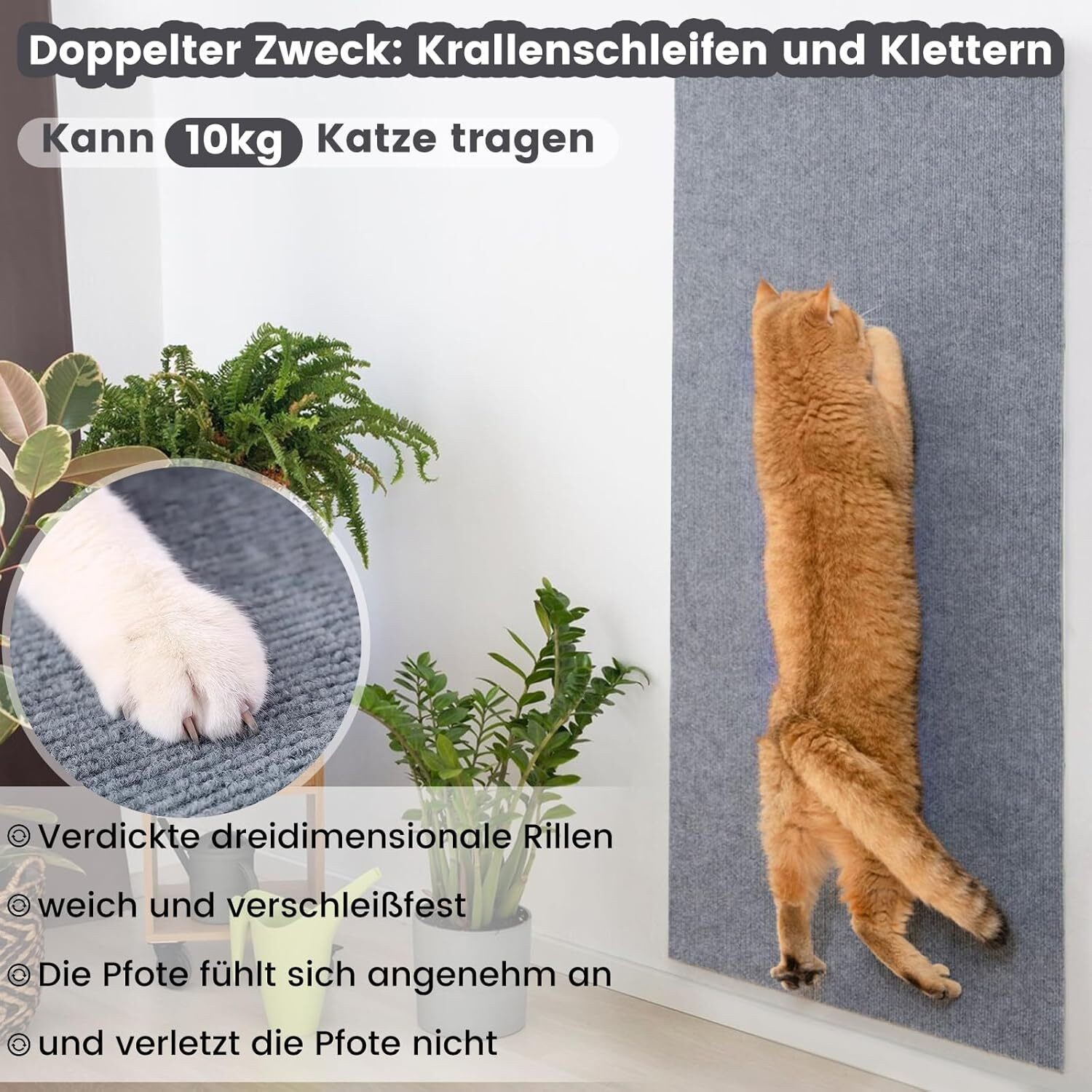 wohnTRAUM24 Kratzmatte Kratzmatte 200x40 CM Selbstklebend Kratzteppich Katze Wand Sofa, Kratzteppich Ecke DIY Climbing Cat Scratcher Mat AntiKratz