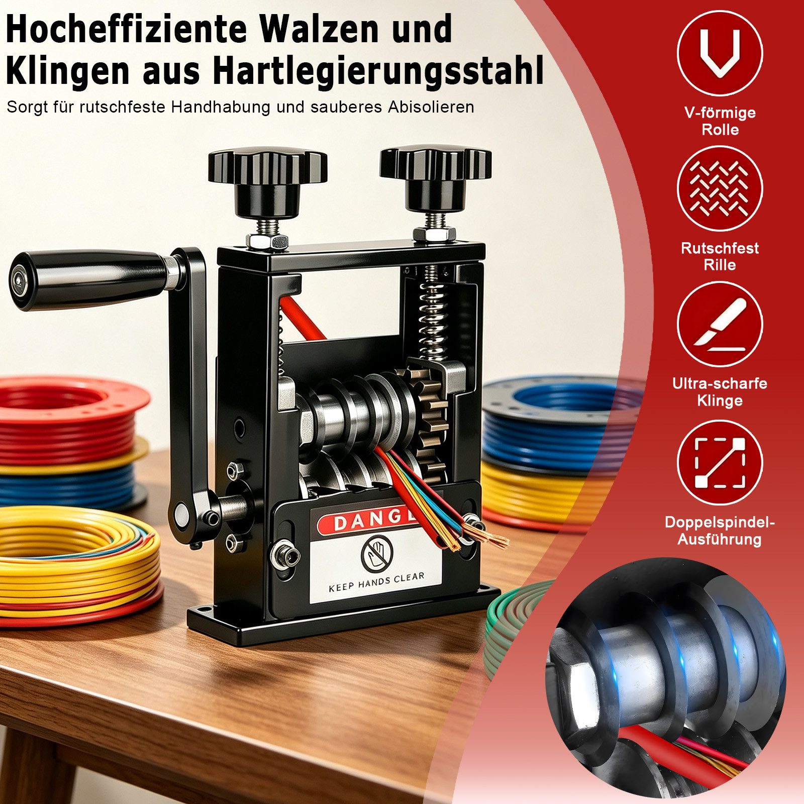 AKKEE Abisolierzange Kabelschälmaschine, Manuelle Kabelabisoliermaschine, mit 6 Kanälen und 5 Klingen, Kabel Abisolierer Maschine – Bild 4 von 5