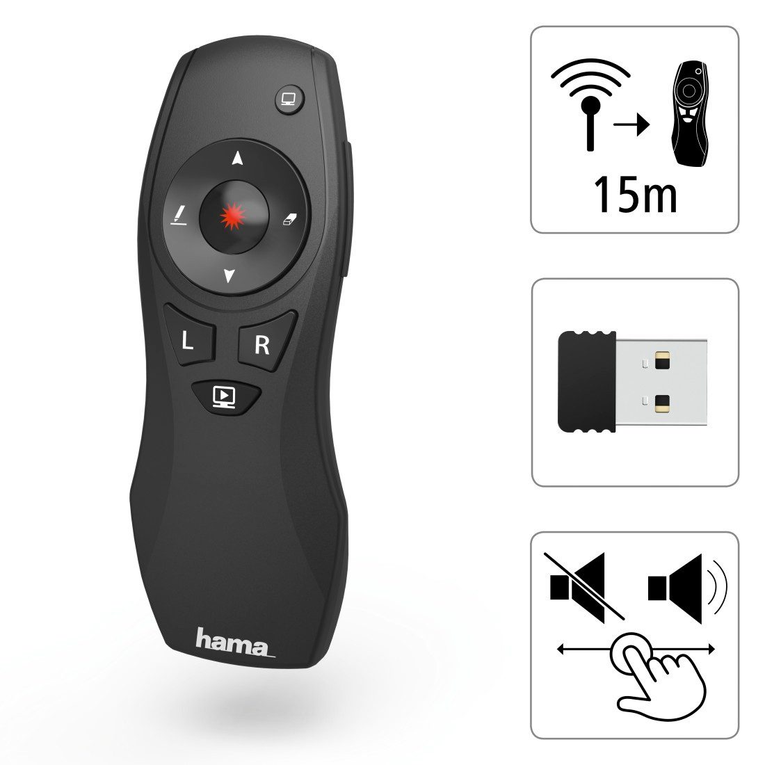 Hama Wireless-Laser Presenter 6in1, 15 m Reichweite, Laserpointer Fernbedienung (Air-Maus-Funktion, Batteriebetrieb, Smart-Link, Digital Ink)