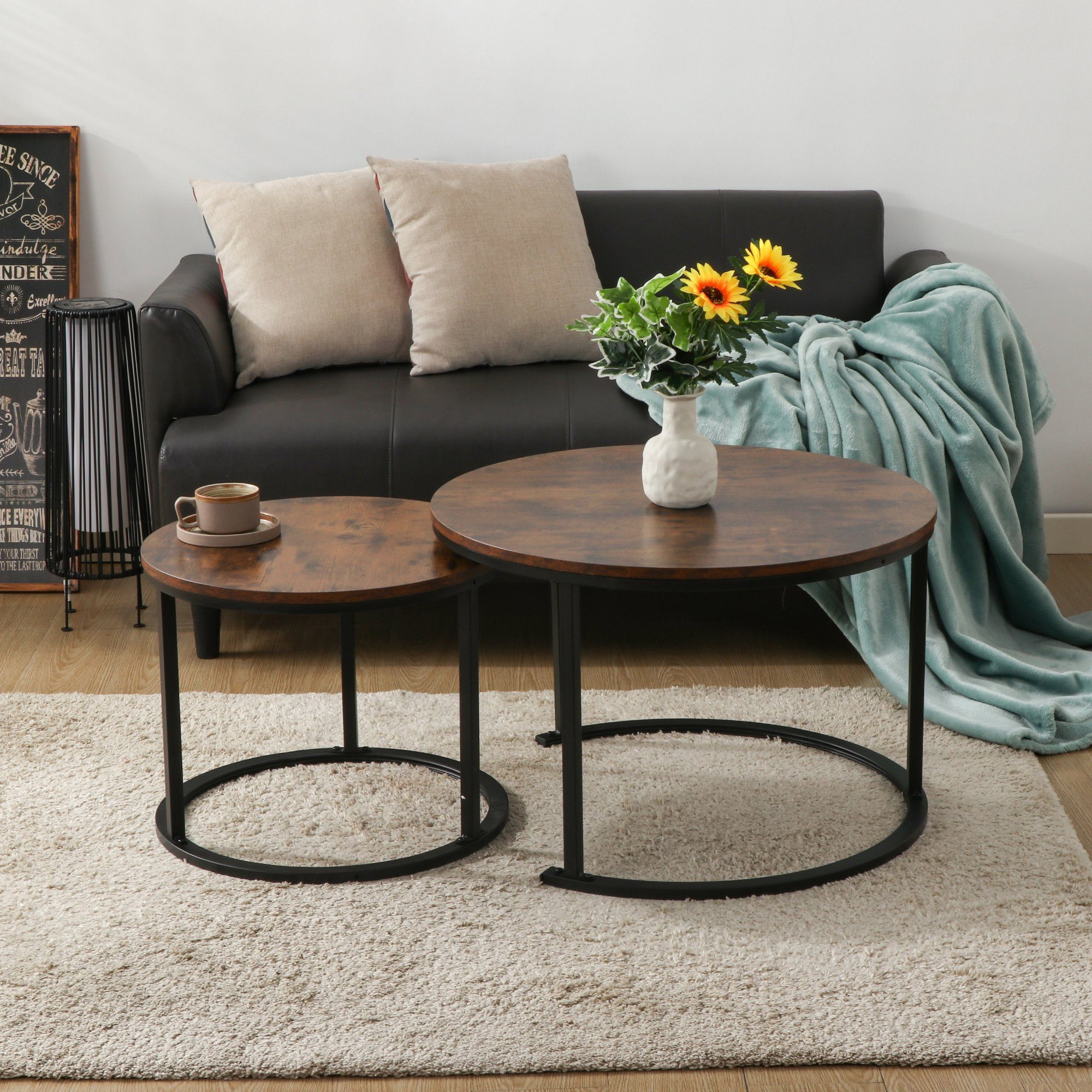 BIGTREE Couchtisch 2er set wohnzimmer tisch beistelltisch rund,Holz & Metall (2er-Set), 70x70x45 cm und 50x50x40 cm