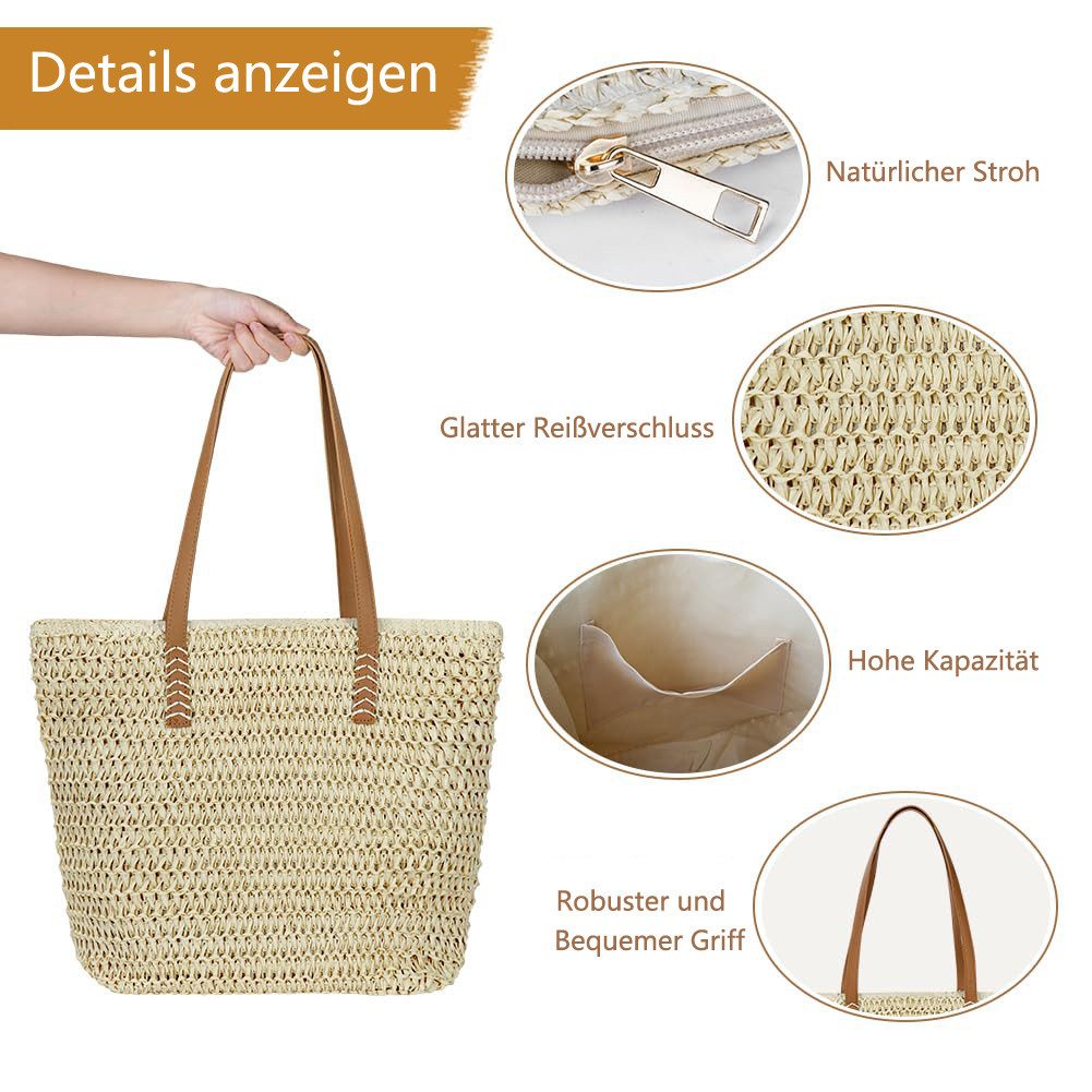 Coonoor Strandtasche mit reißverschluss, Große Strandtasche für Damen, Umhängetasche, Schultertasche für Urlaub Reisen Strand Sommer