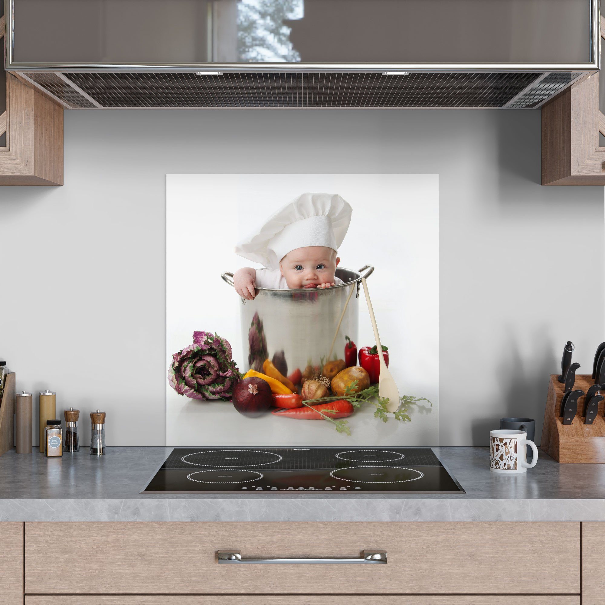 'Baby im Kochtopf', DEQORI Herdblende Spritzschutz Küchenrückwand Badrückwand Glas