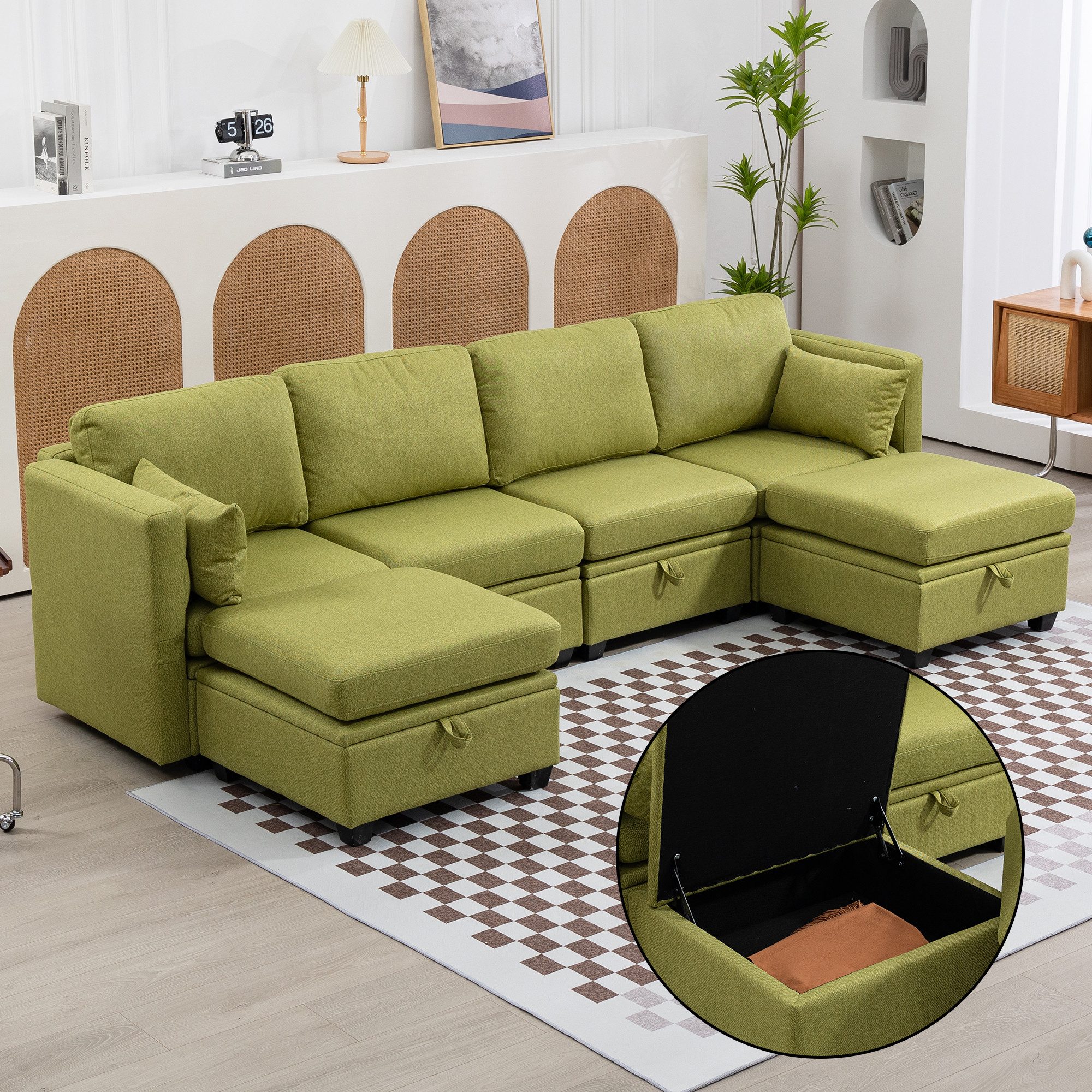 OKWISH Sofa U-förmiges Sektionalsofa mit Lagerung, casual Splicing kann als Doppelbettsofa verwendet werden, Armlehnen ausklappbarer Leinenstoff, extra breites Schlafsofa für das Wohnzimmer
