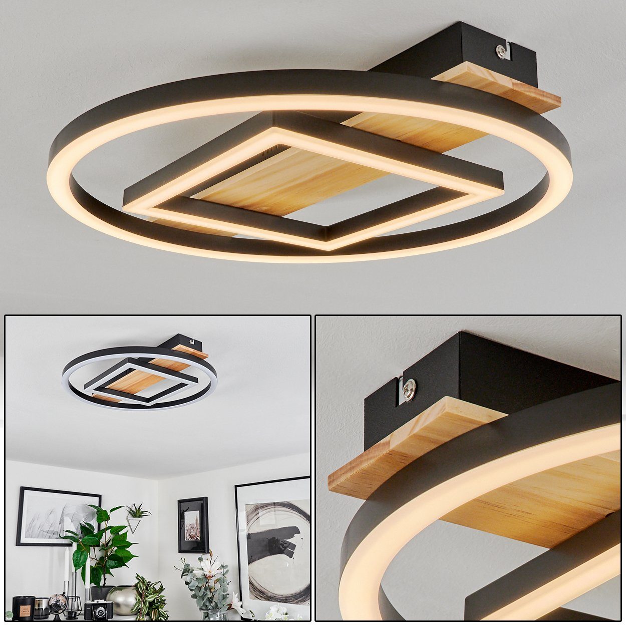 hofstein Deckenleuchte »Colognola« Deckenlampe aus Metall/Holz/Kunststoff, Schwarz/Natur/Weiß, 3000 Kelvin, Leuchte mit Holzbalken, LED 24 Watt, 2500 Lumen