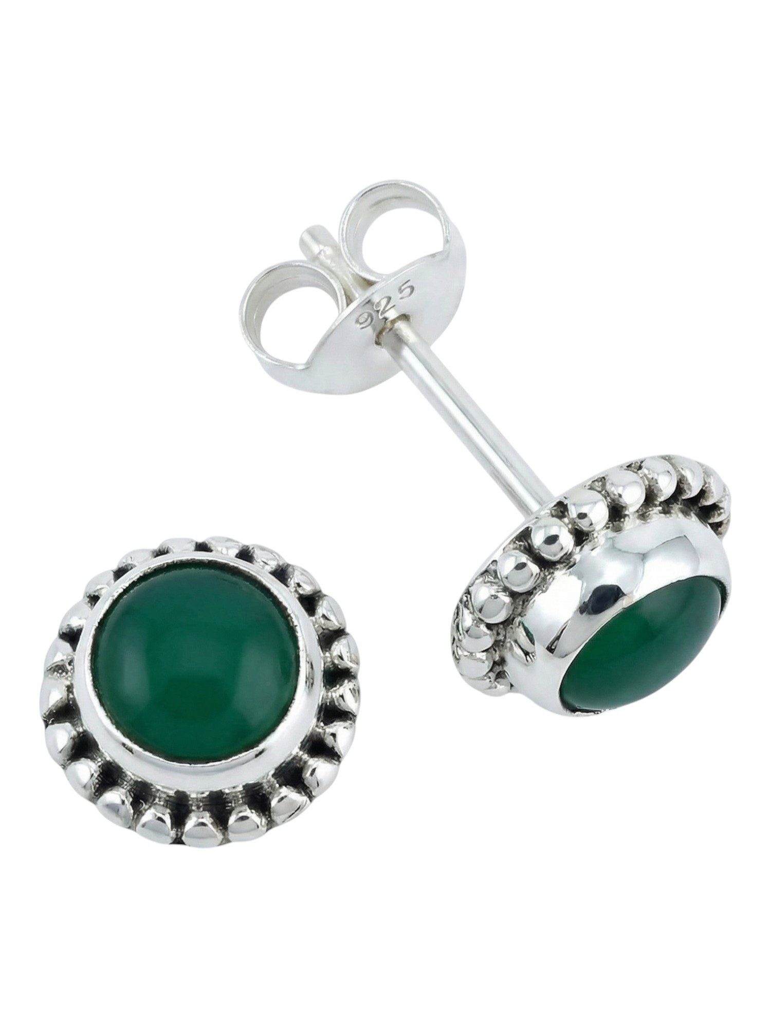 mantraroma Paar Ohrstecker PUNTI rund klein aus 925 Silber mit grünen Onyx (Paar, Paar Ohrringe mit Schmuckbeutel), 925 Sterling Silber Ohrringe für Damen