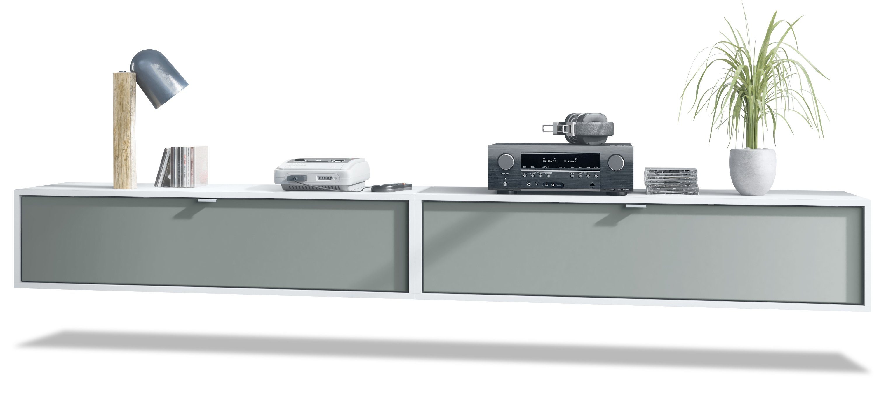 Vladon Lowboard Lana 1200 (2er-Set Tv-Kommode, mit Klappe dahinter 3 Fächer), Weiß matt/Graphit Seidenmatt (120 x 29 x 37 cm)