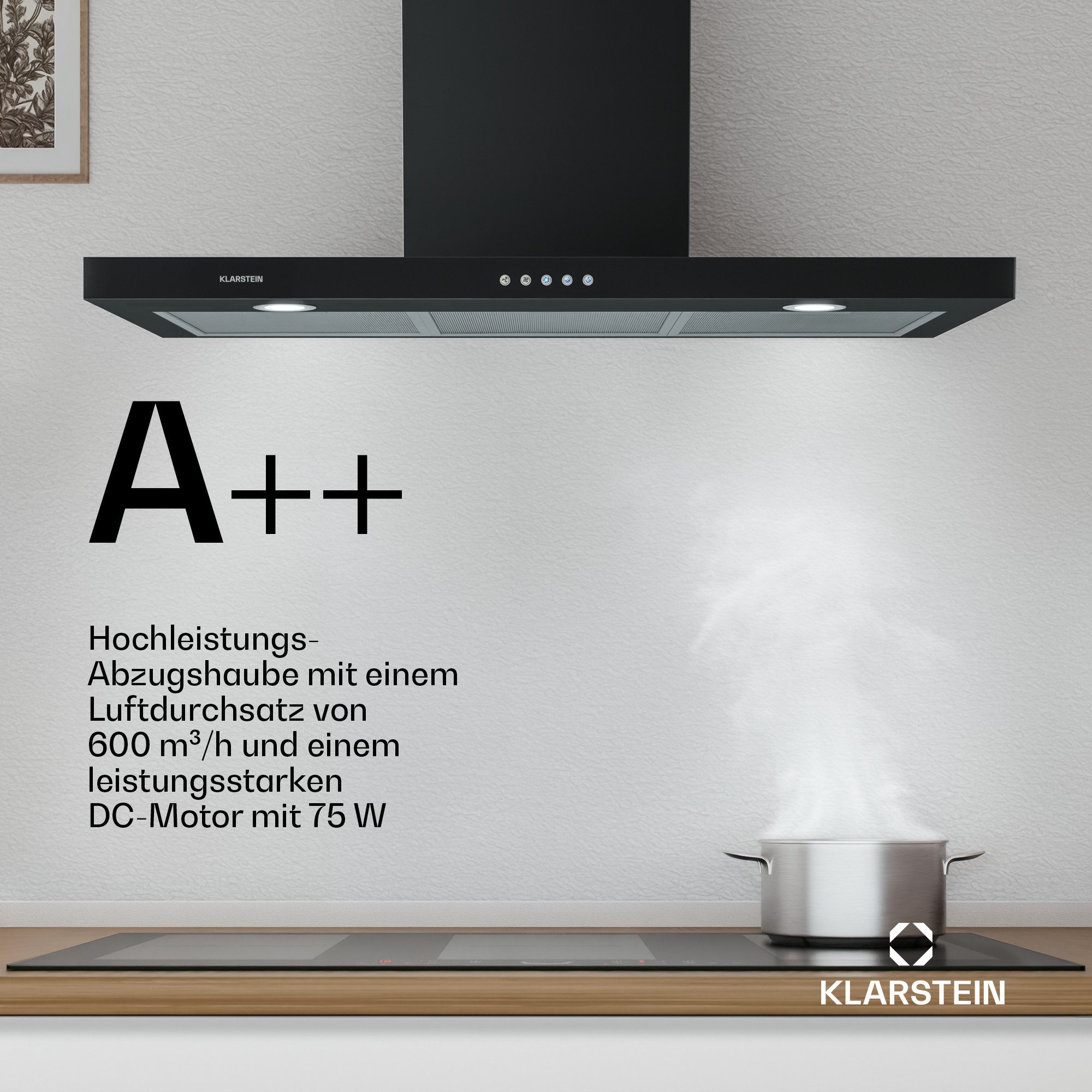 Klarstein Deckenhaube Limelight Serie Limelight Dunstabzugshaube 90 cm Wandhaube 600 m³/h Umluft schwarz Limelight, Wandhaube Abzugshaube mit Ablage Aluminium-Filter & Aktivkohle
