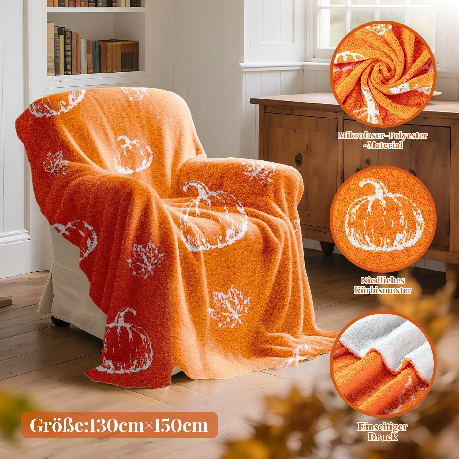 Wohndecke Herbst Kürbisse Decke, Kürbis & Blätter Halloween Decken, FOUORTUNATE-BEE, Weiche Überwurfdecke für Sofa & Bett, Halloween Dekoration, 130x150 cm – Bild 2 von 5
