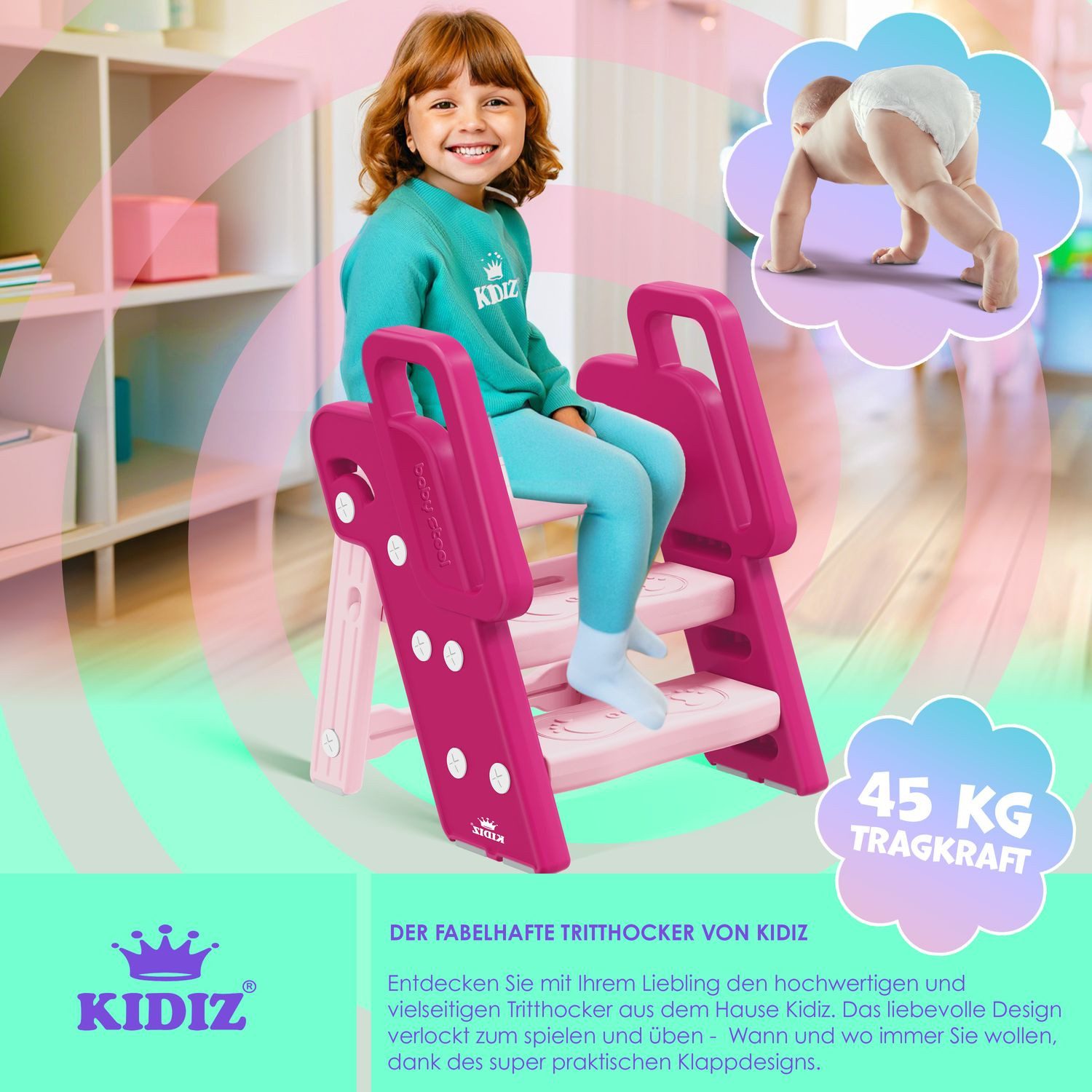 KESSER Tritthocker, für Kinder Trittleiter Klappbar mit 3 Stufen