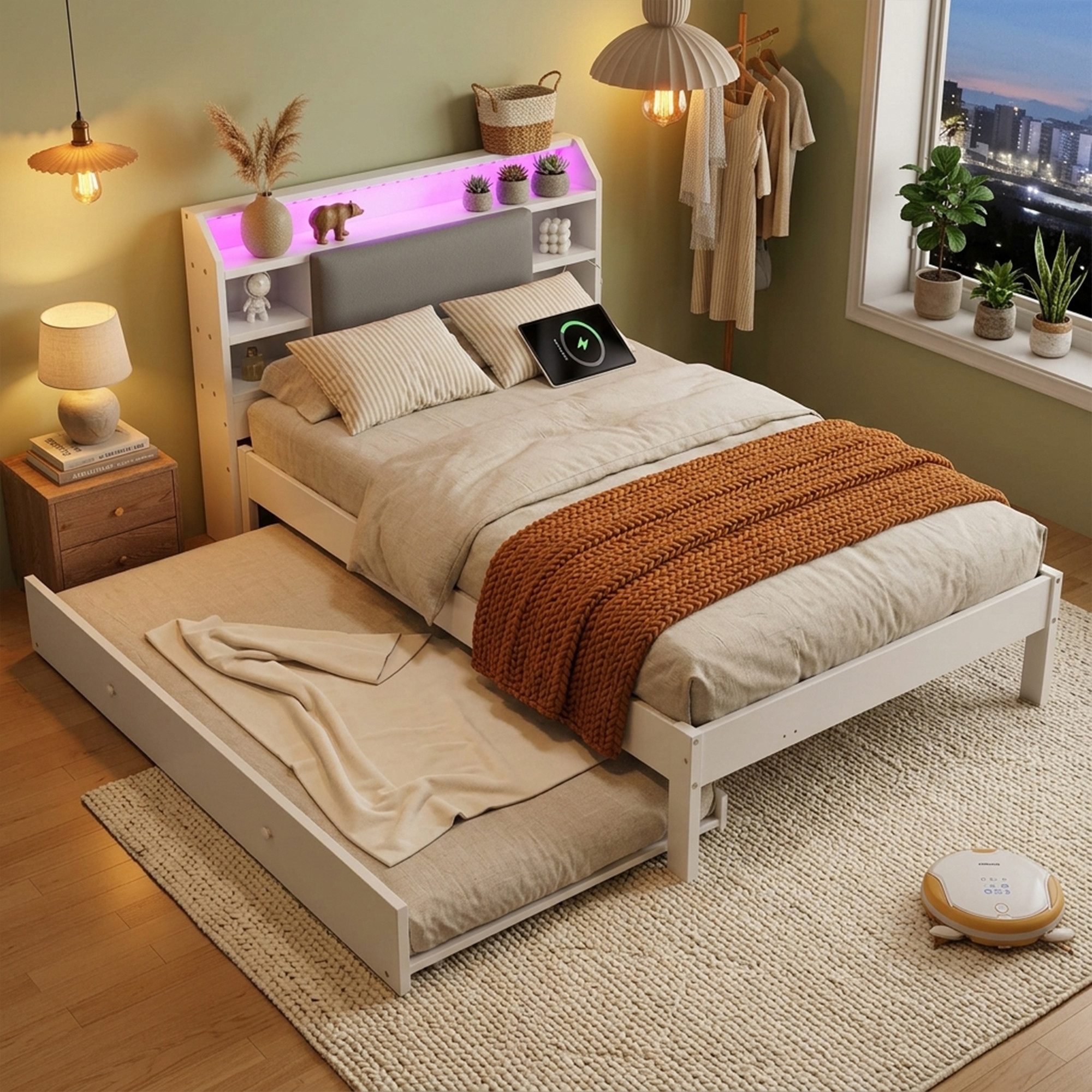Flieks Massivholzbett, Kinderbett 120x200cm mit Ausziehbett 90x190cm, LED&USB, offenen Fächer